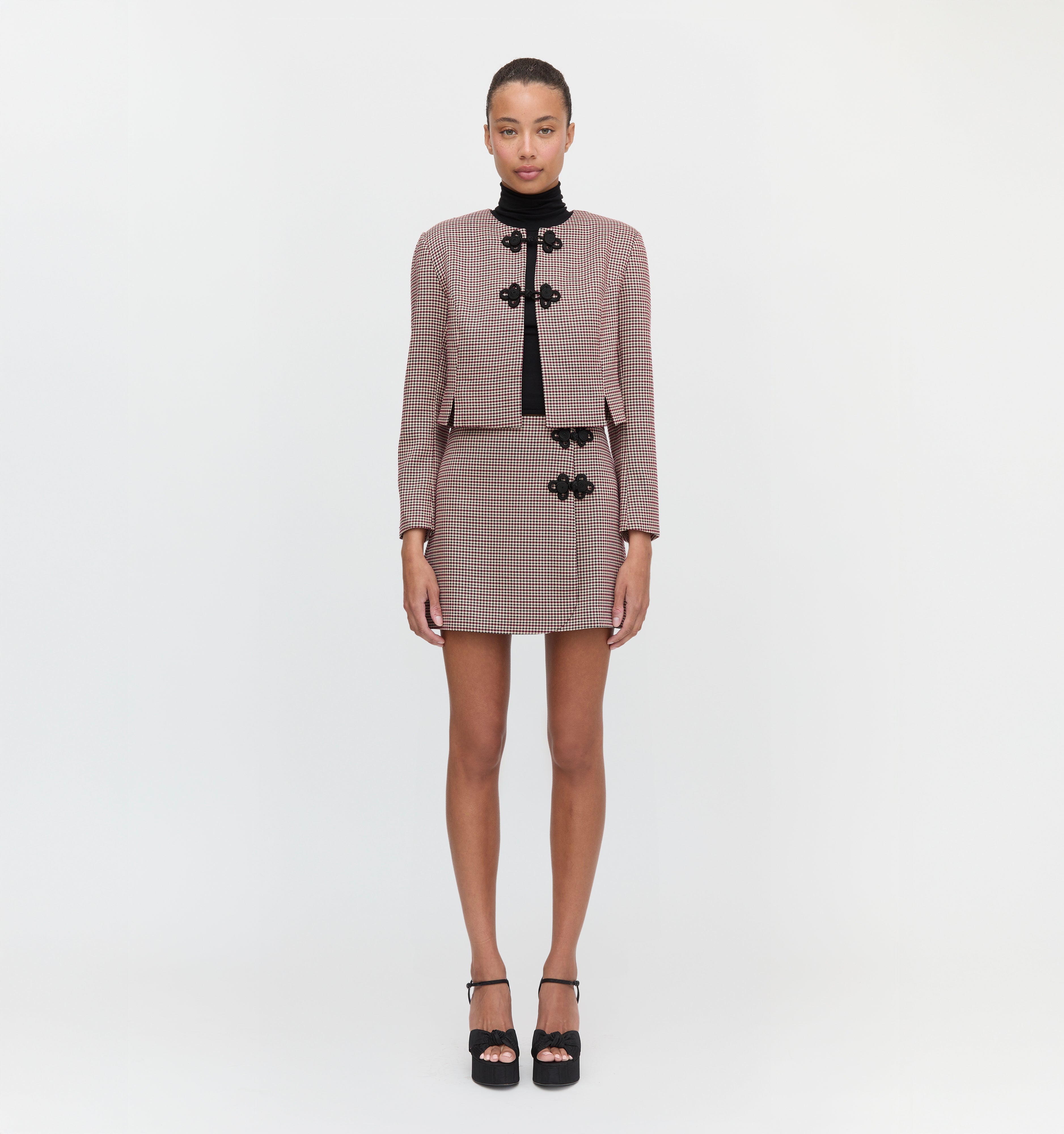 The Aubriella Jacket and  Melody Skirt in Burgundy Holmes Houndstooth color: Burgundy Holmes Houndstooth 