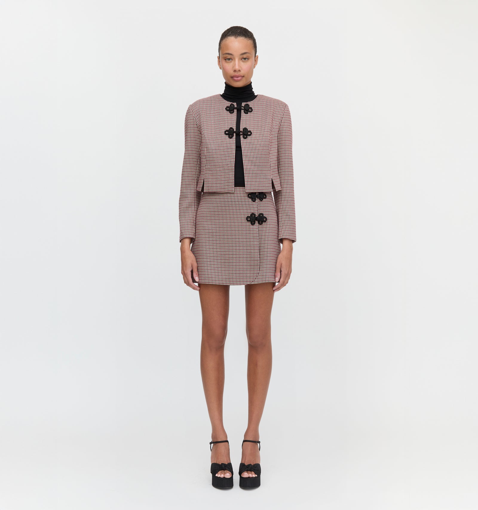 The Aubriella Jacket and  Melody Skirt in Burgundy Holmes Houndstooth color: Burgundy Holmes Houndstooth 