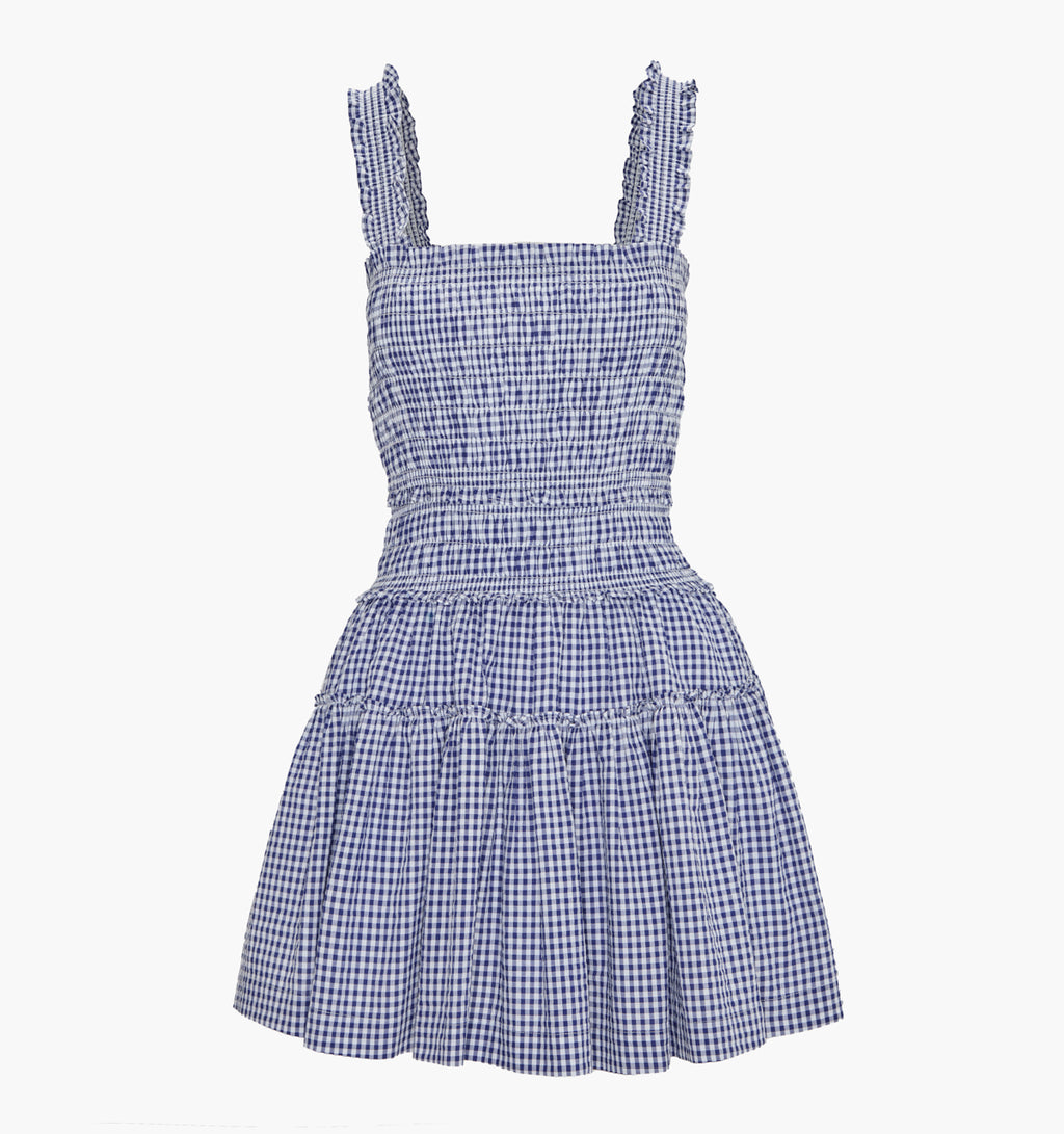 blue and white gingham dress Dark Blue Sequin Tulle Prom Dresses with Puffed Sleeve, V-Neck, Velvet –  Viniodress main image 1