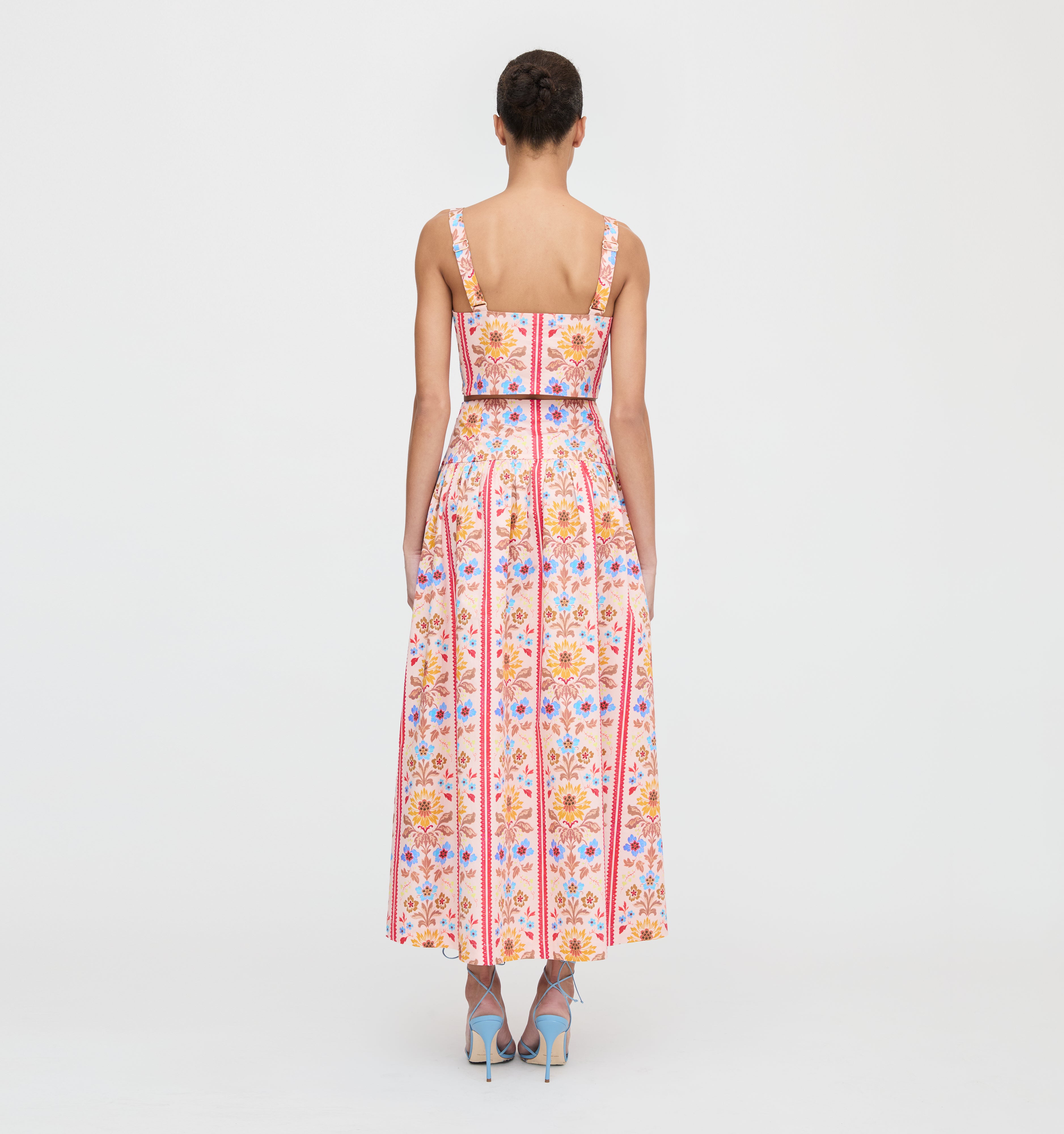 The Kate Midi Skirt - Pink Floral Block Stripe