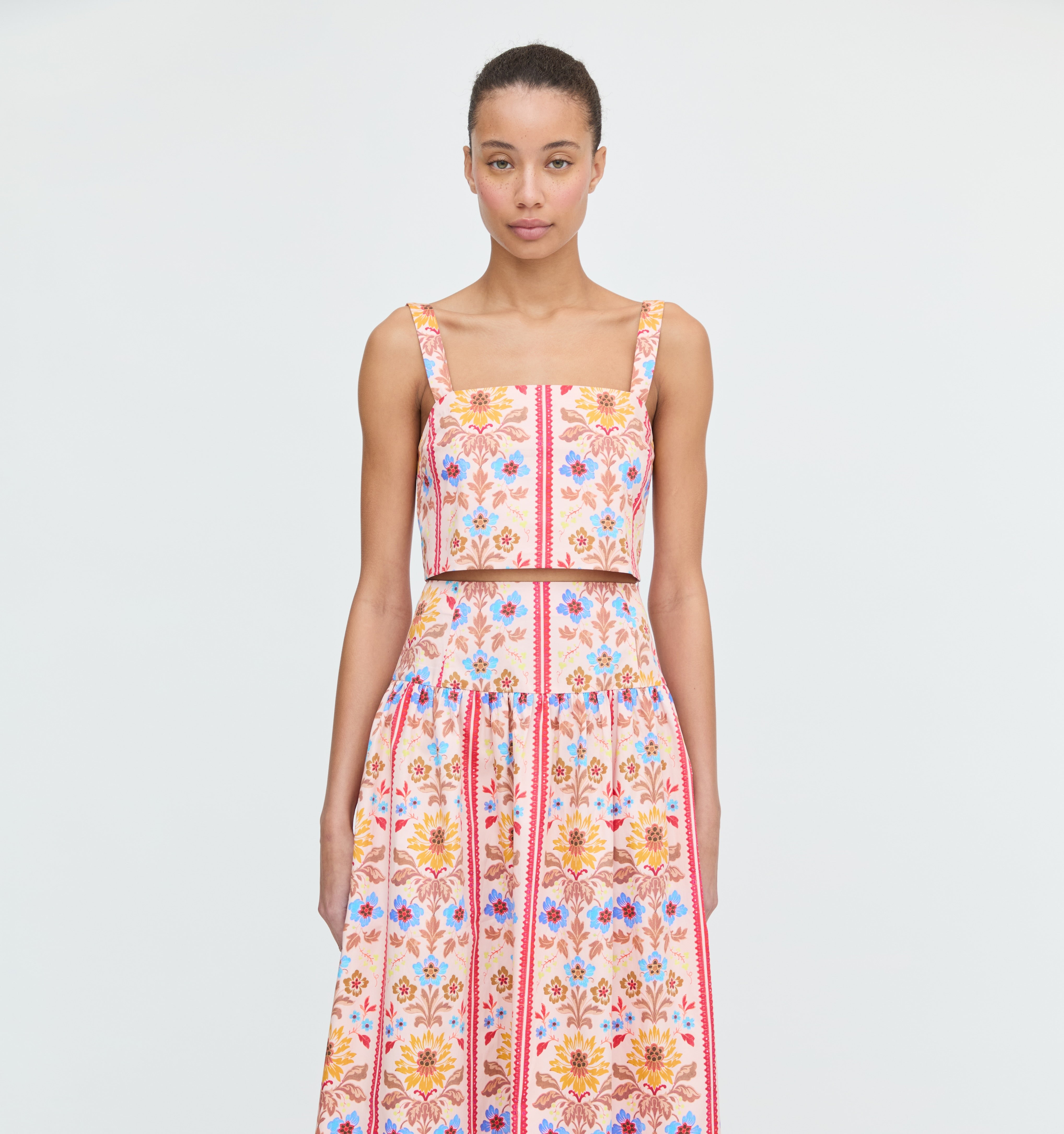 The Kate Midi Skirt - Pink Floral Block Stripe