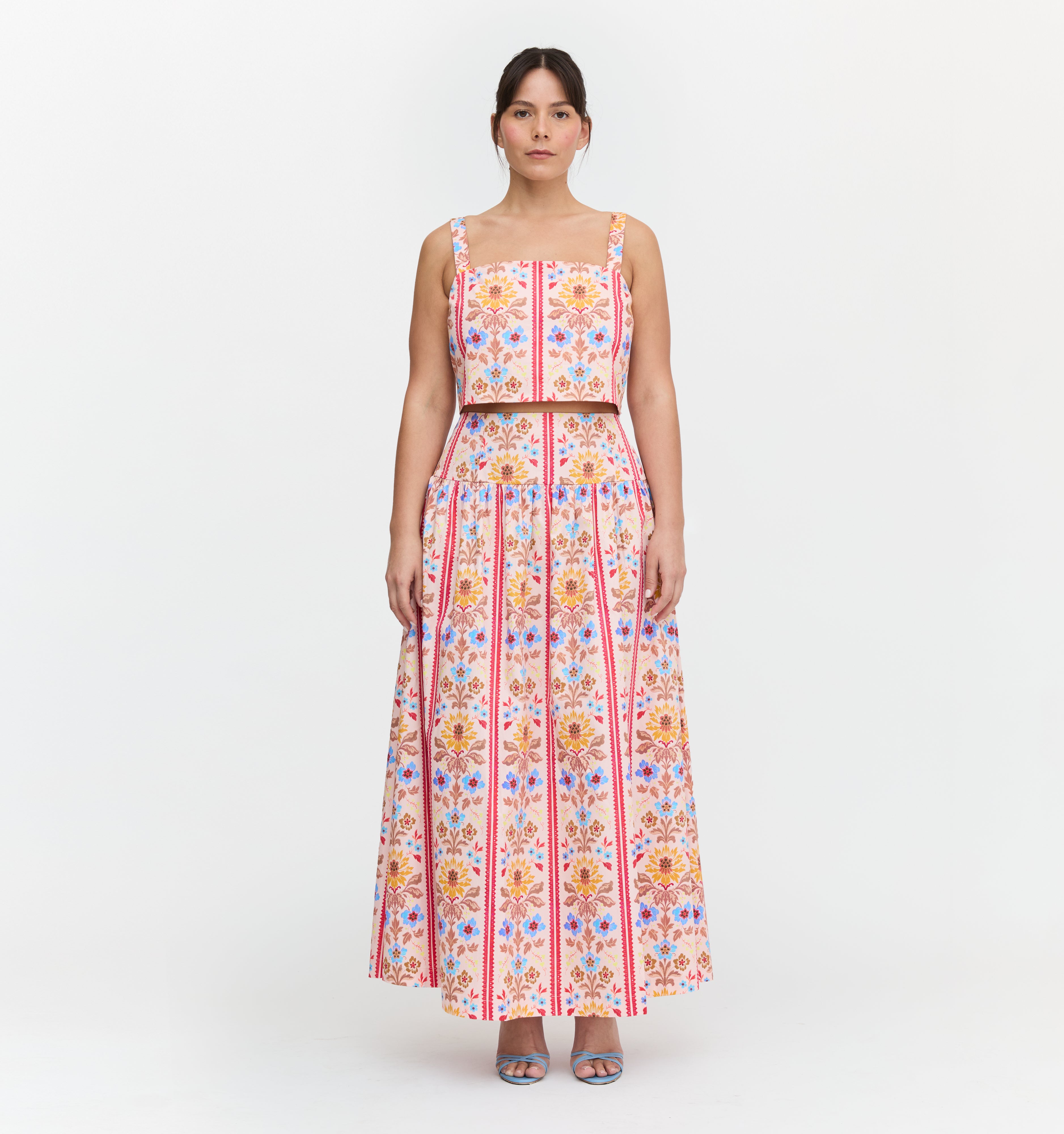 The Kate Midi Skirt - Pink Floral Block Stripe