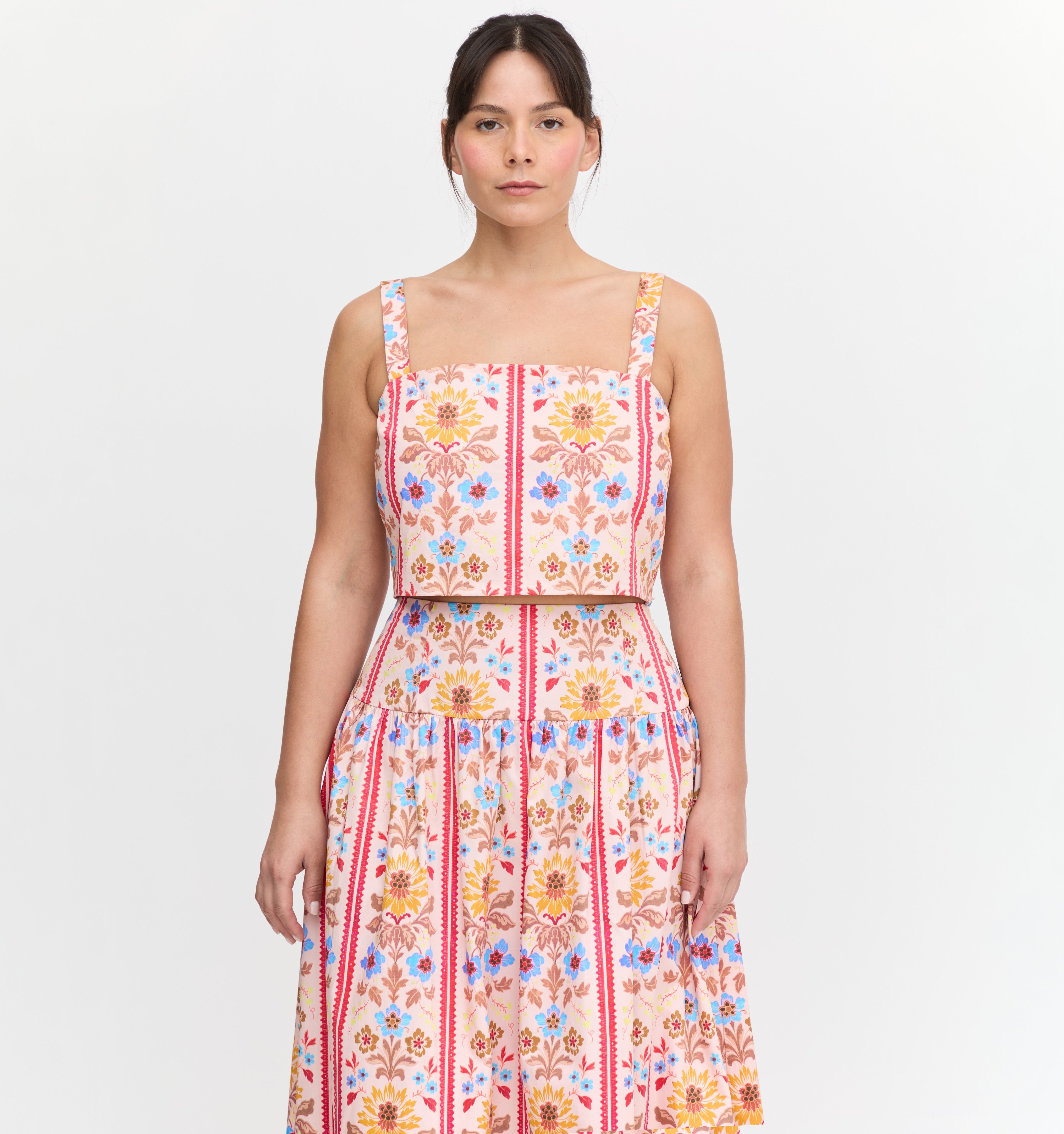 The Clara Crop Top - Pink Floral Block Stripe