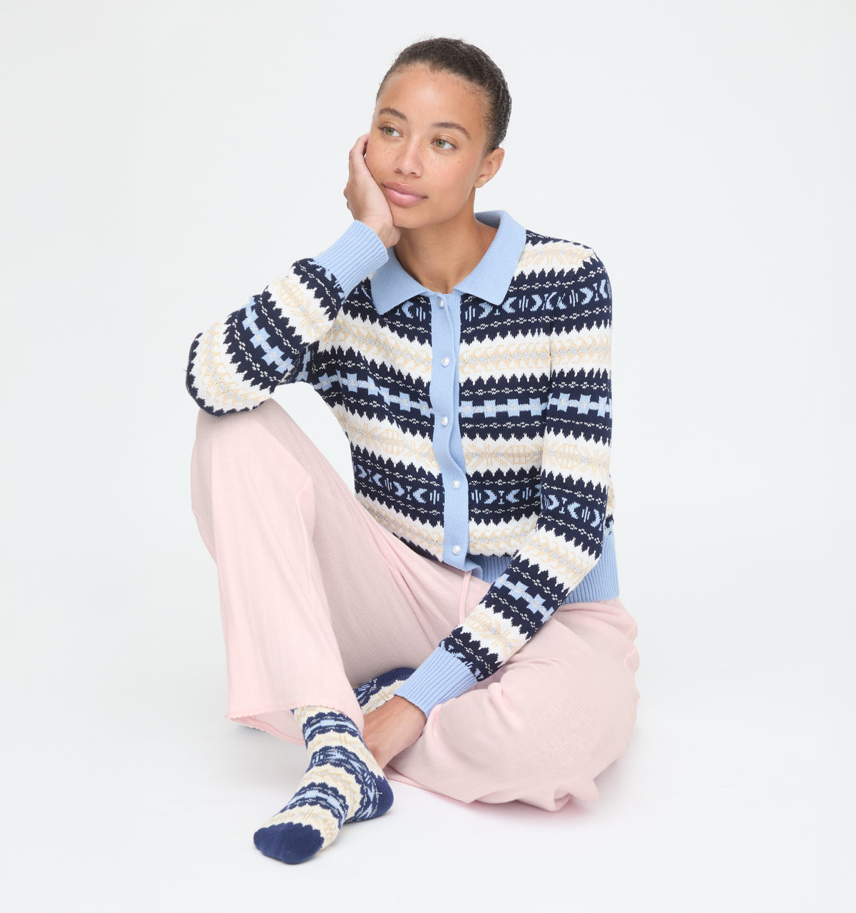 The Mairead Cardigan in Blue Multi Fair Isle color: Blue Multi