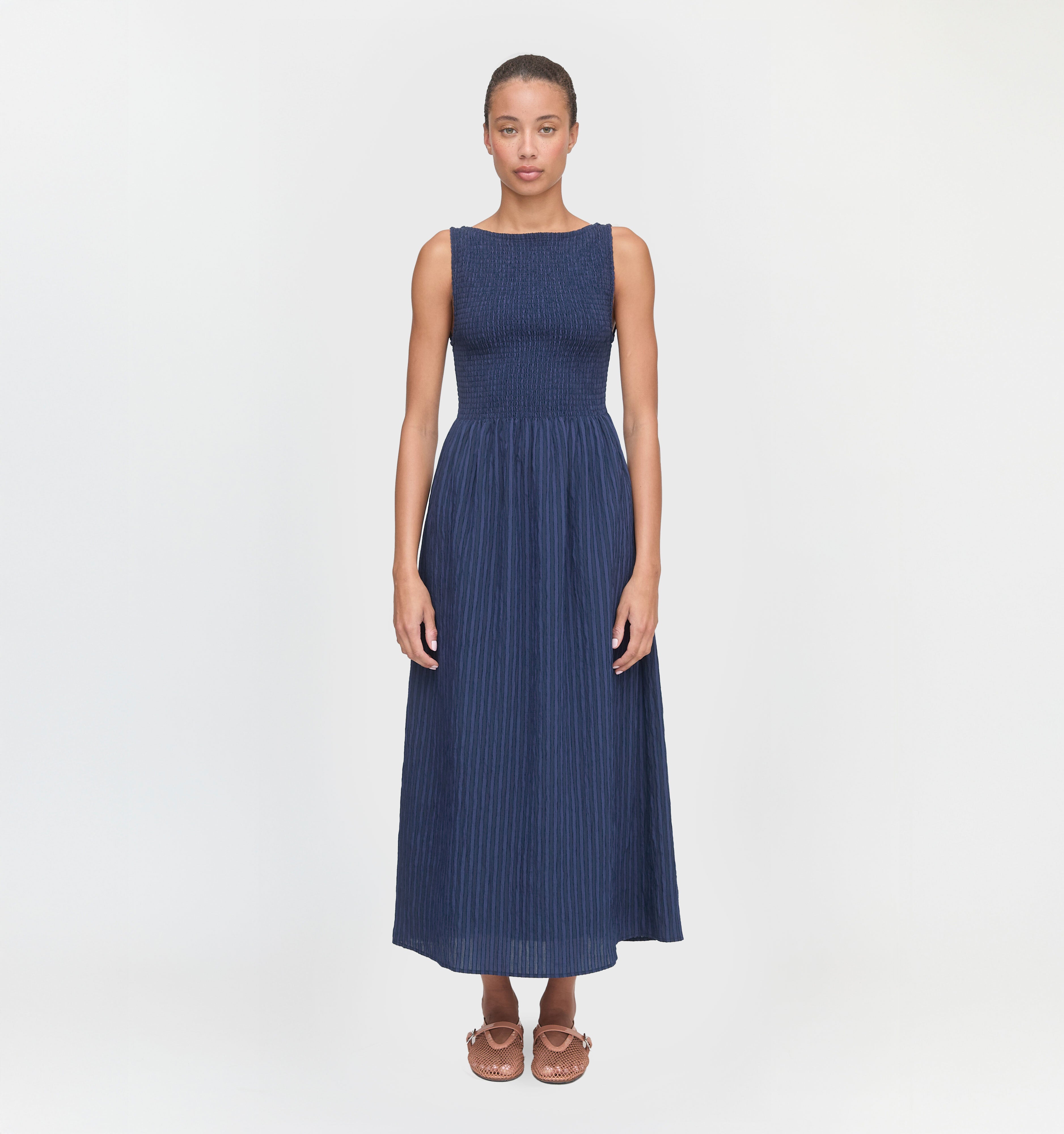 The Cosima Nap Dress in Navy Tonal Seersucker color: Navy Tonal Seersucker