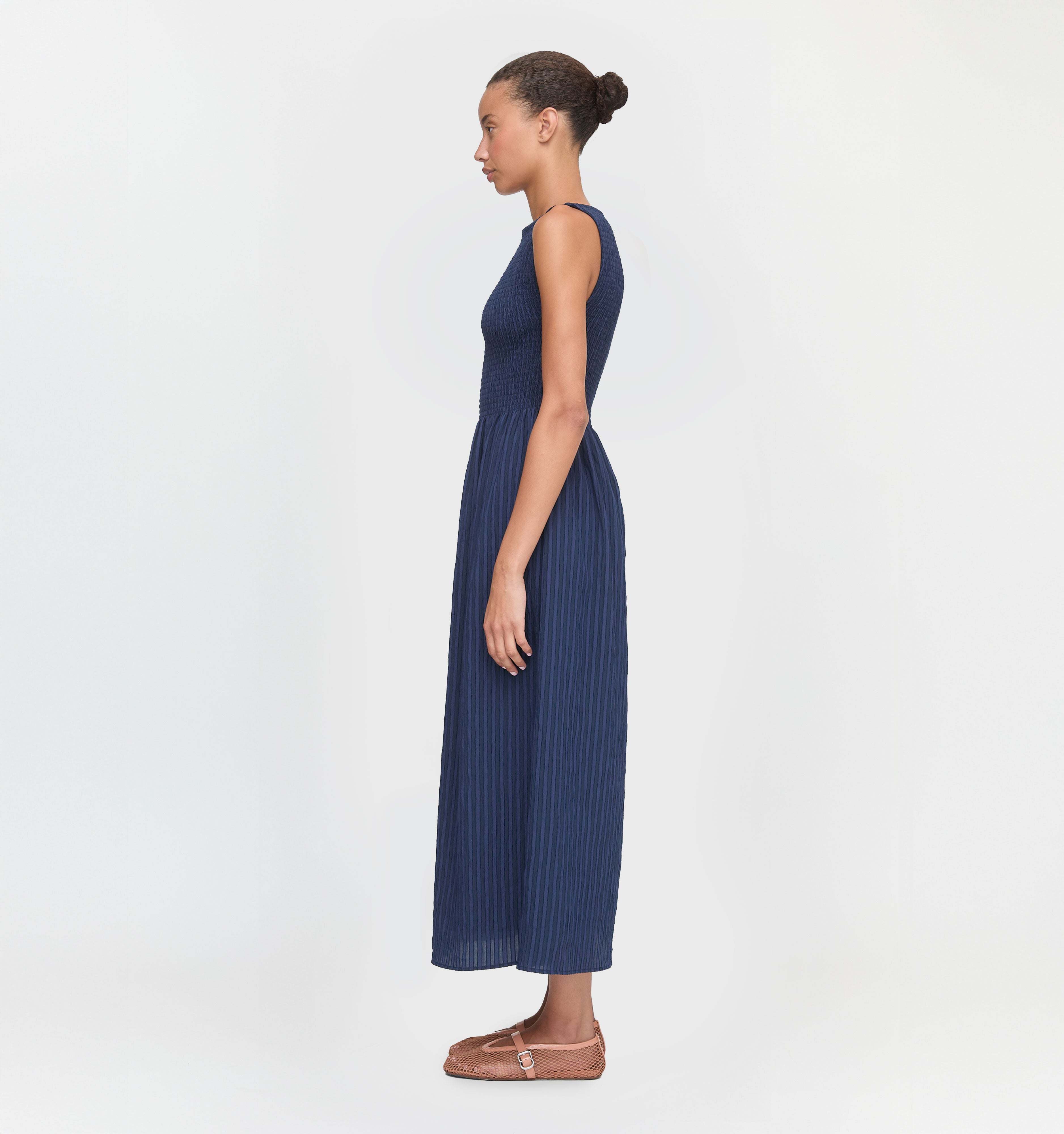 The Cosima Nap Dress in Navy Tonal Seersucker color: Navy Tonal Seersucker