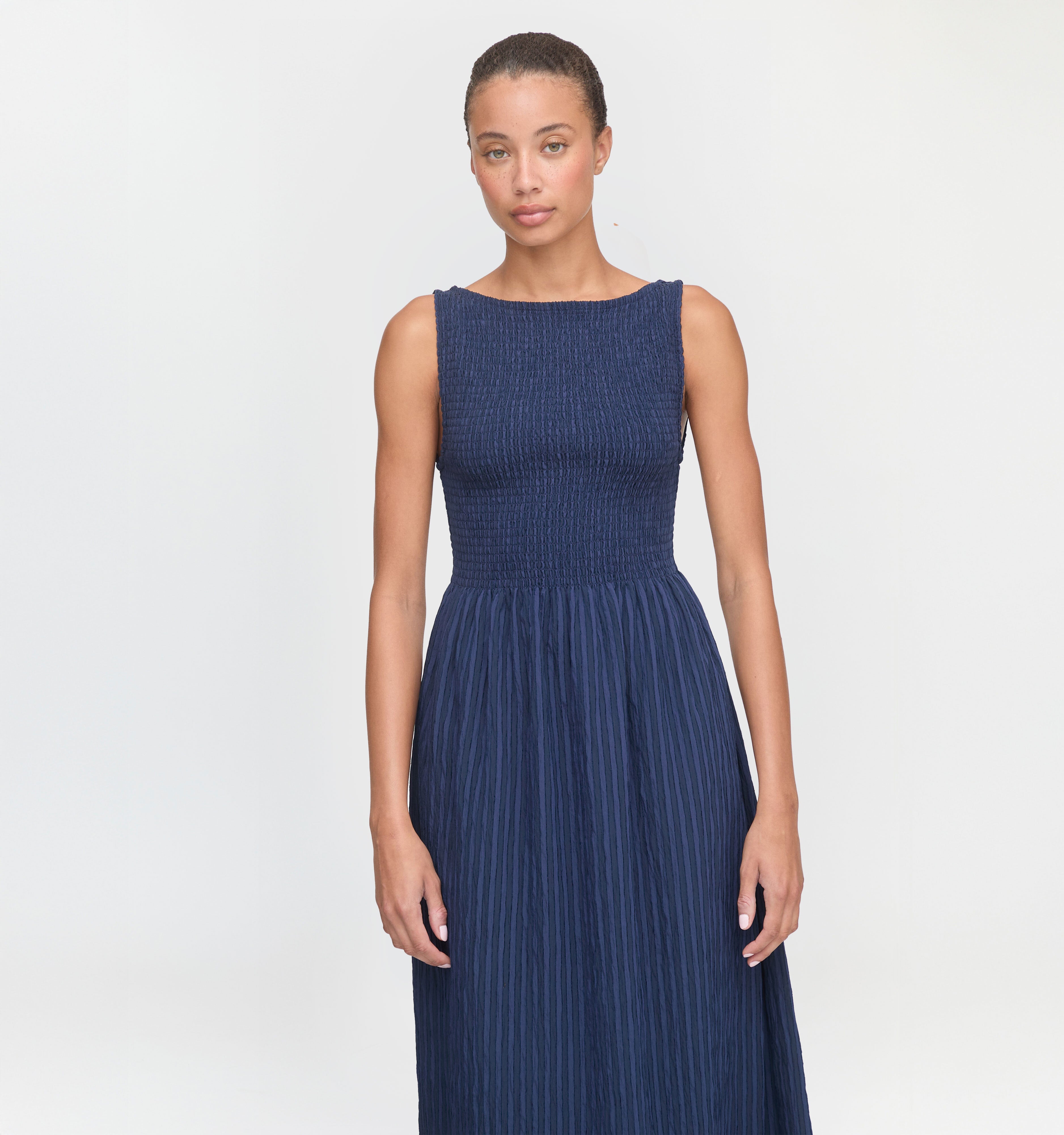 The Cosima Nap Dress in Navy Tonal Seersucker color: Navy Tonal Seersucker