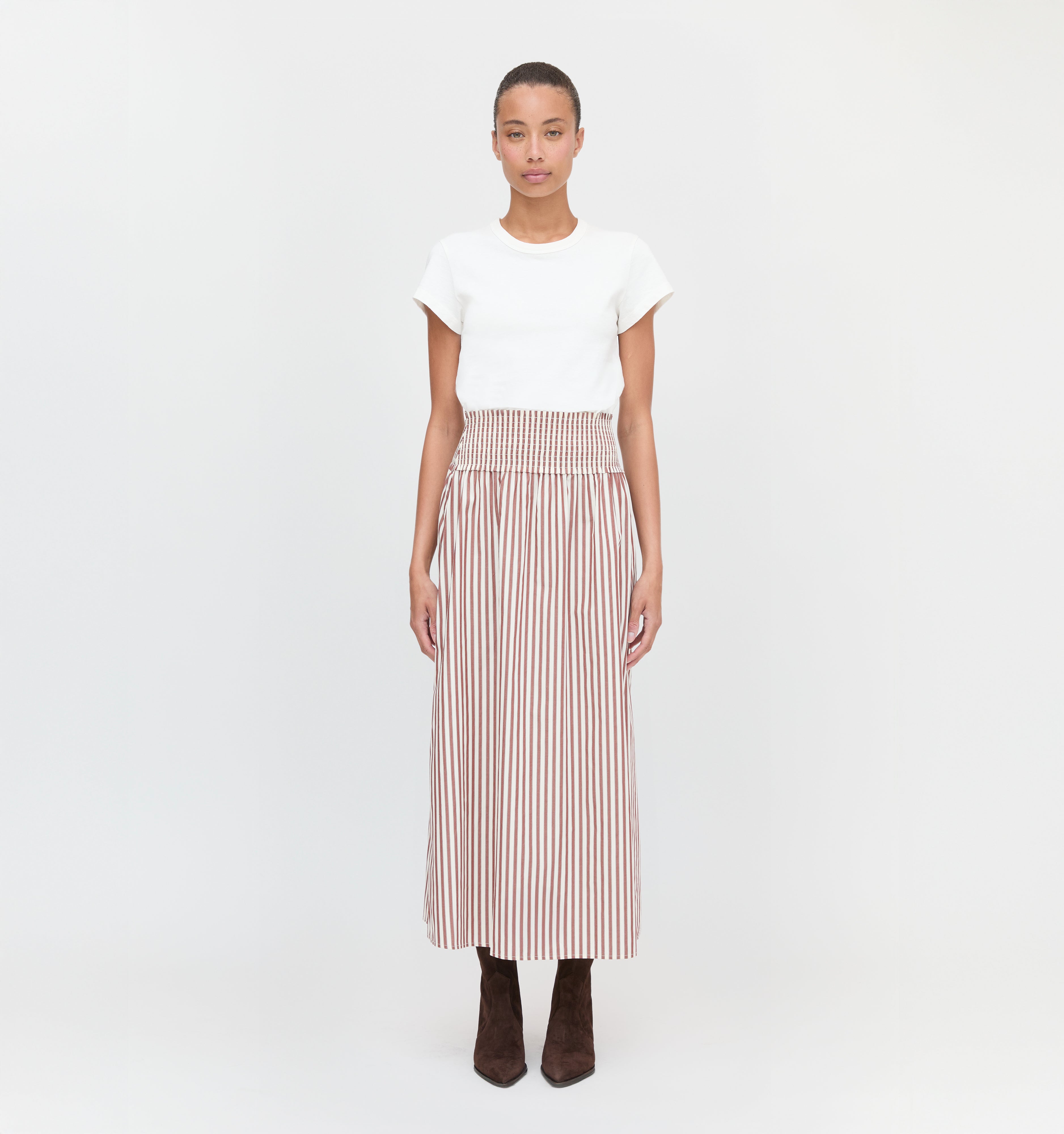 The Delphine Nap Skirt in Rust Stripe color: Rust Stripe