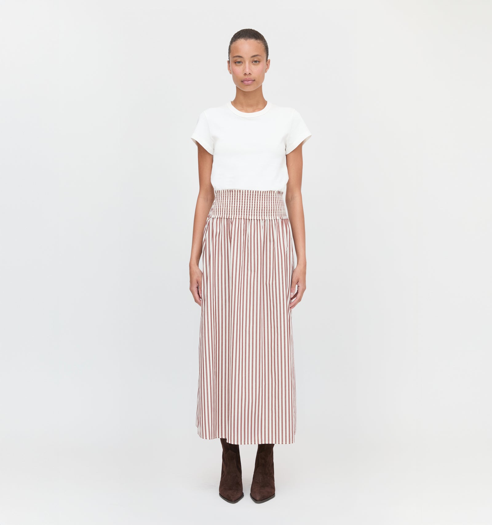 The Delphine Nap Skirt in Rust Stripe color: Rust Stripe