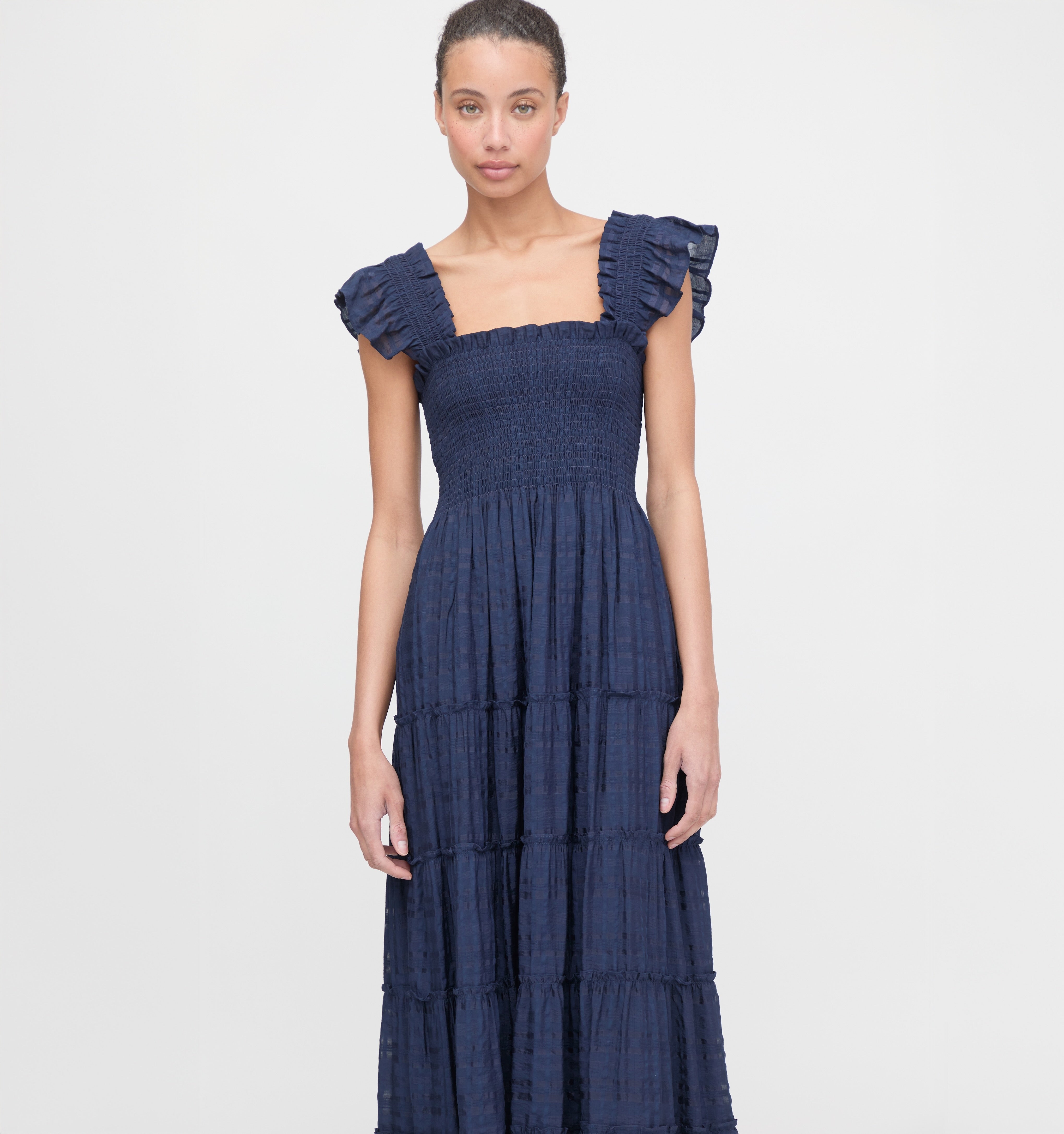 The Ellie Maxi Nap Dress - Navy Sheer Plaid