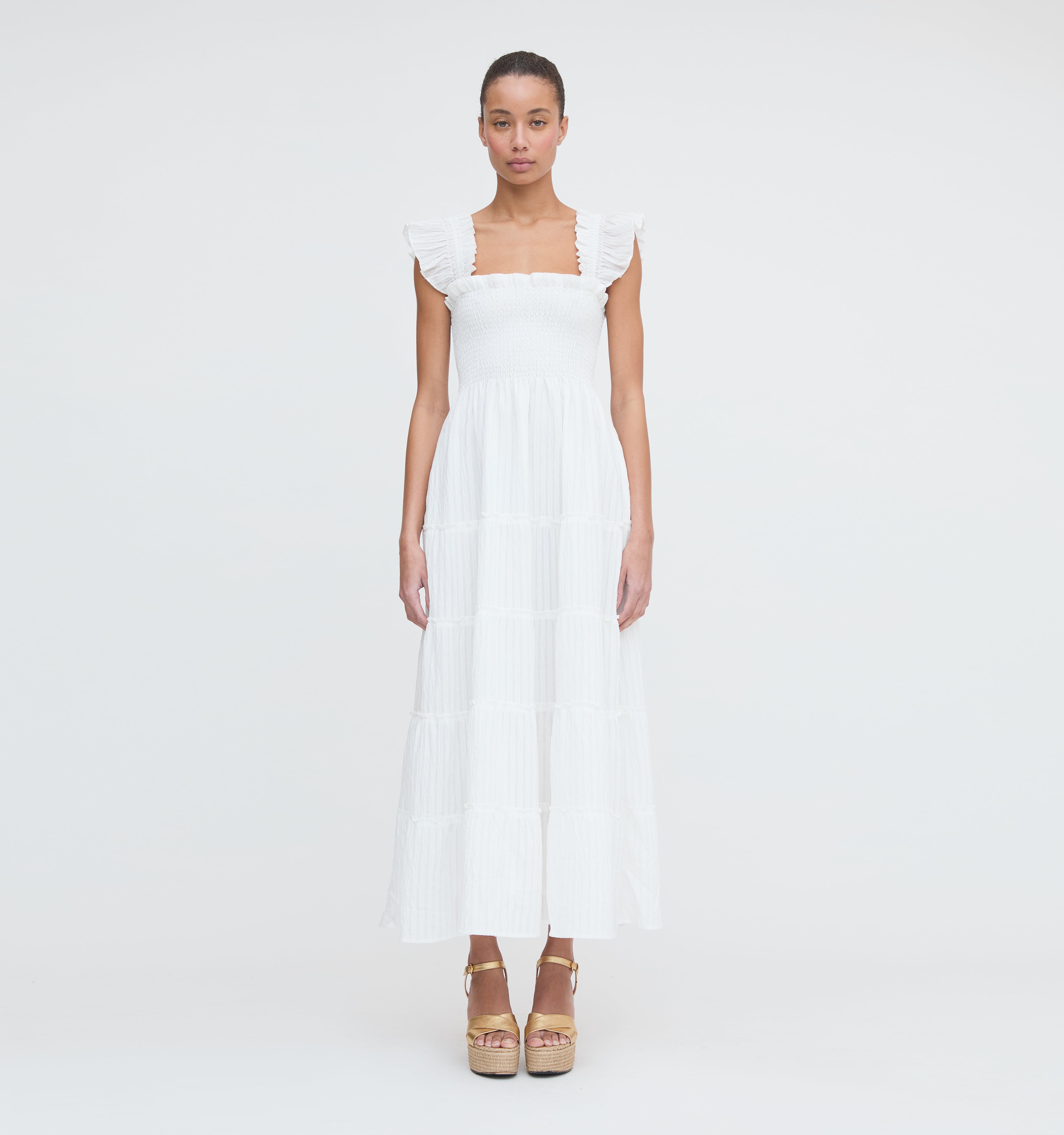 The Ellie Maxi Nap Dress - White Tonal Seersucker