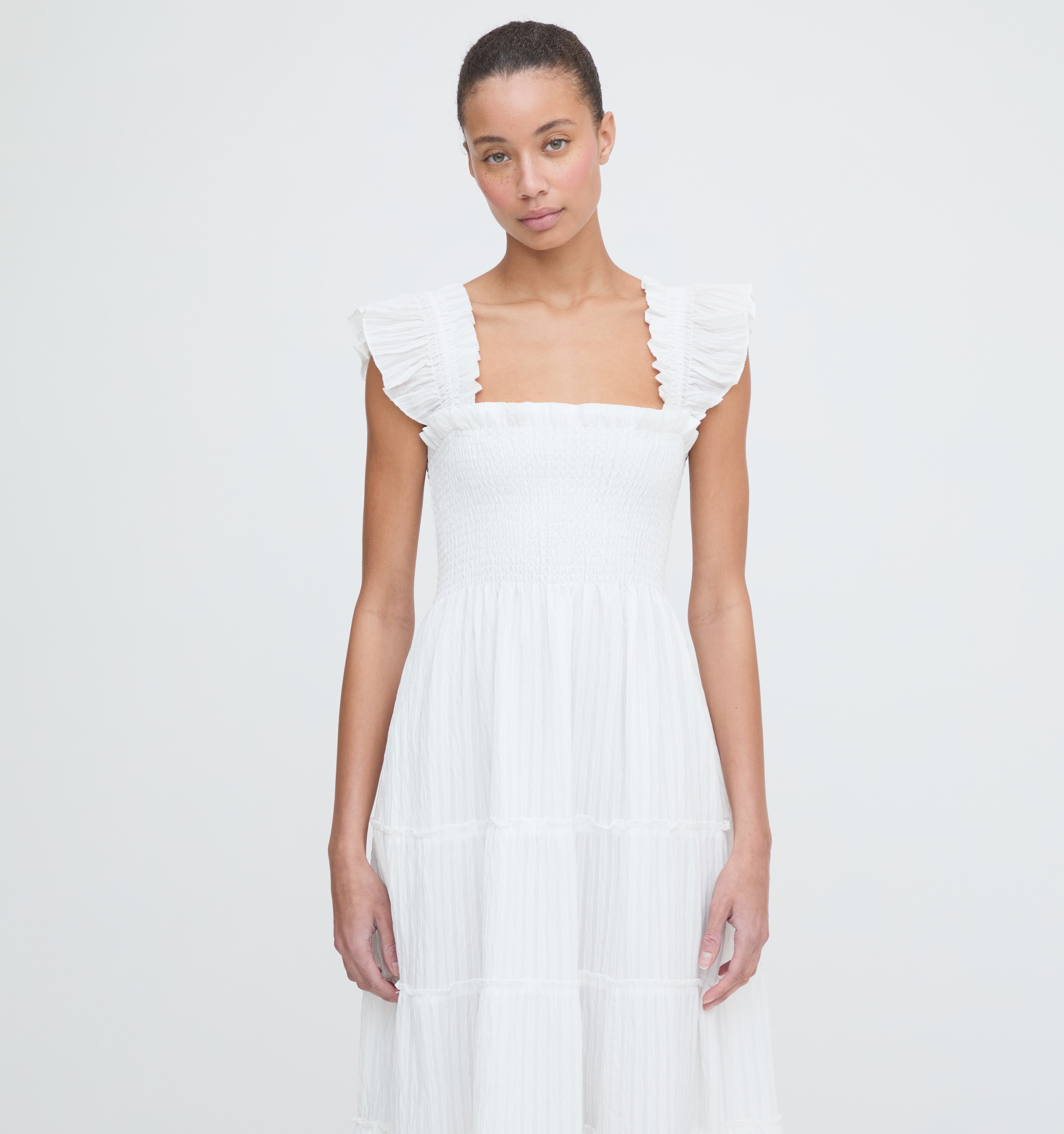 The Ellie Maxi Nap Dress - White Tonal Seersucker