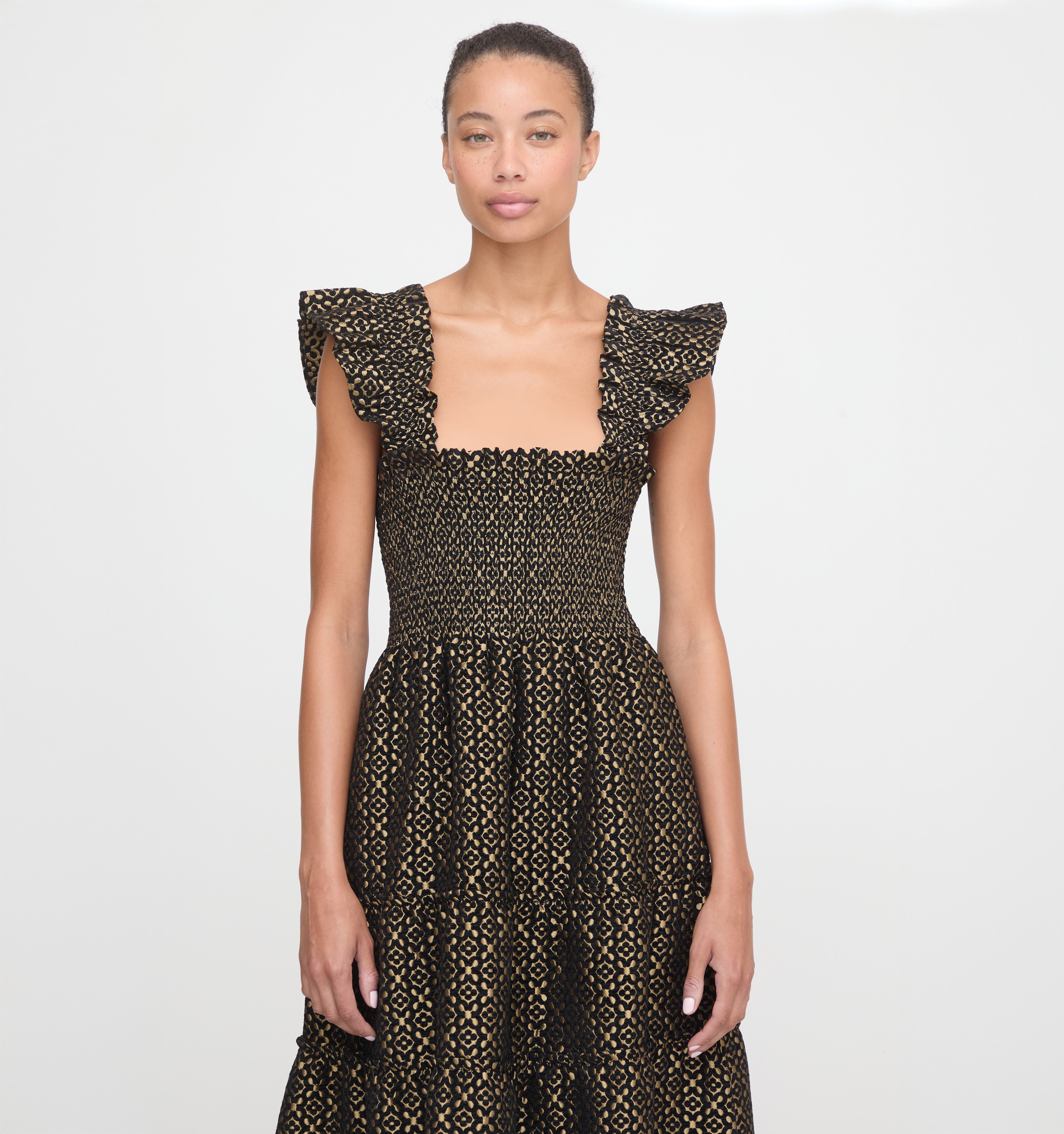 The Ellie Nap Dress in Metallic Brocade color: Metallic Brocade