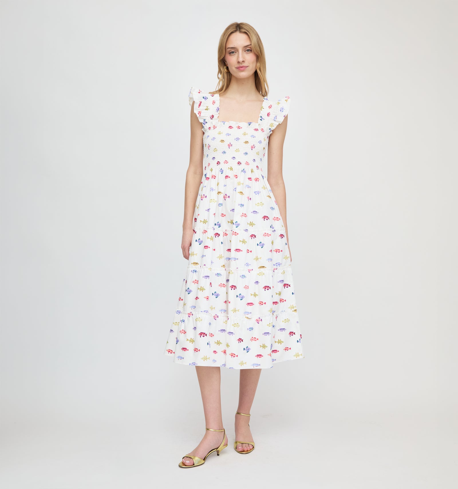 The Ellie Nap Dress in White Rainbow Fish XL