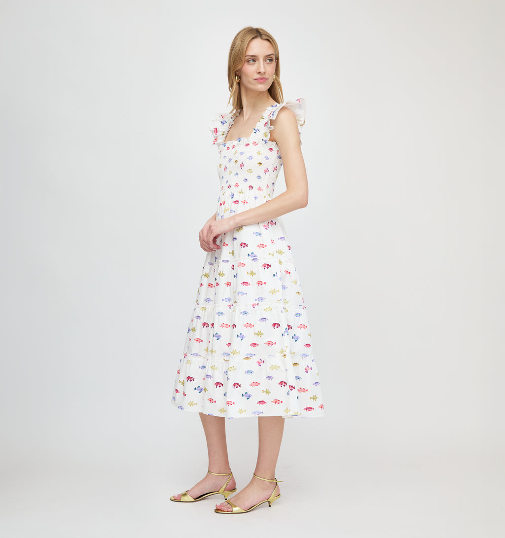 The Ellie Nap Dress in White Rainbow Fish XL