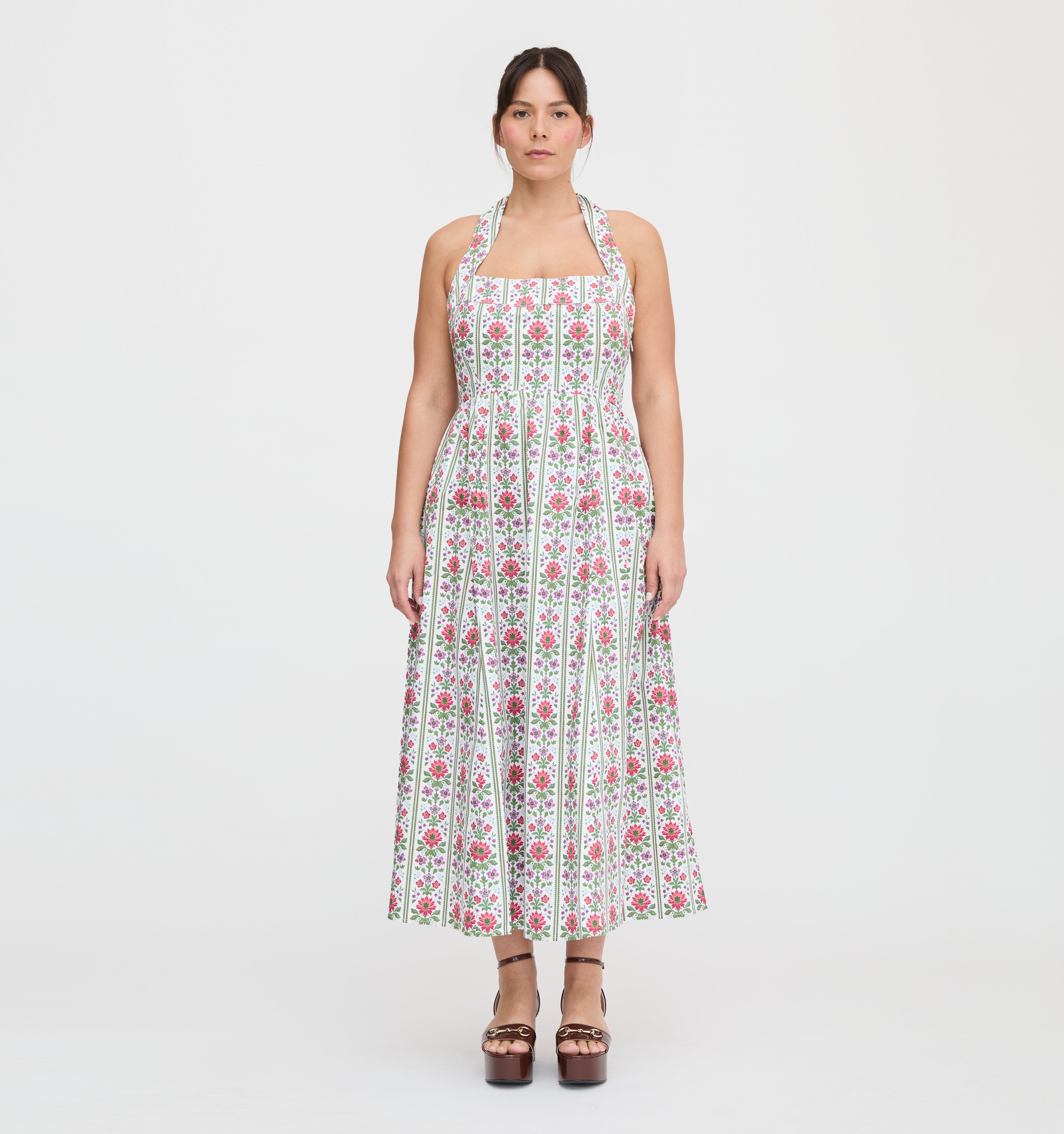 The Fleur Midi Dress - Green Floral Block Stripe