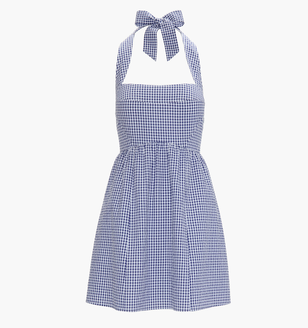 blue gingham check dress Petite Johanna 3/4 Sleeve Sheer Matte Jersey Long Dress main image 0