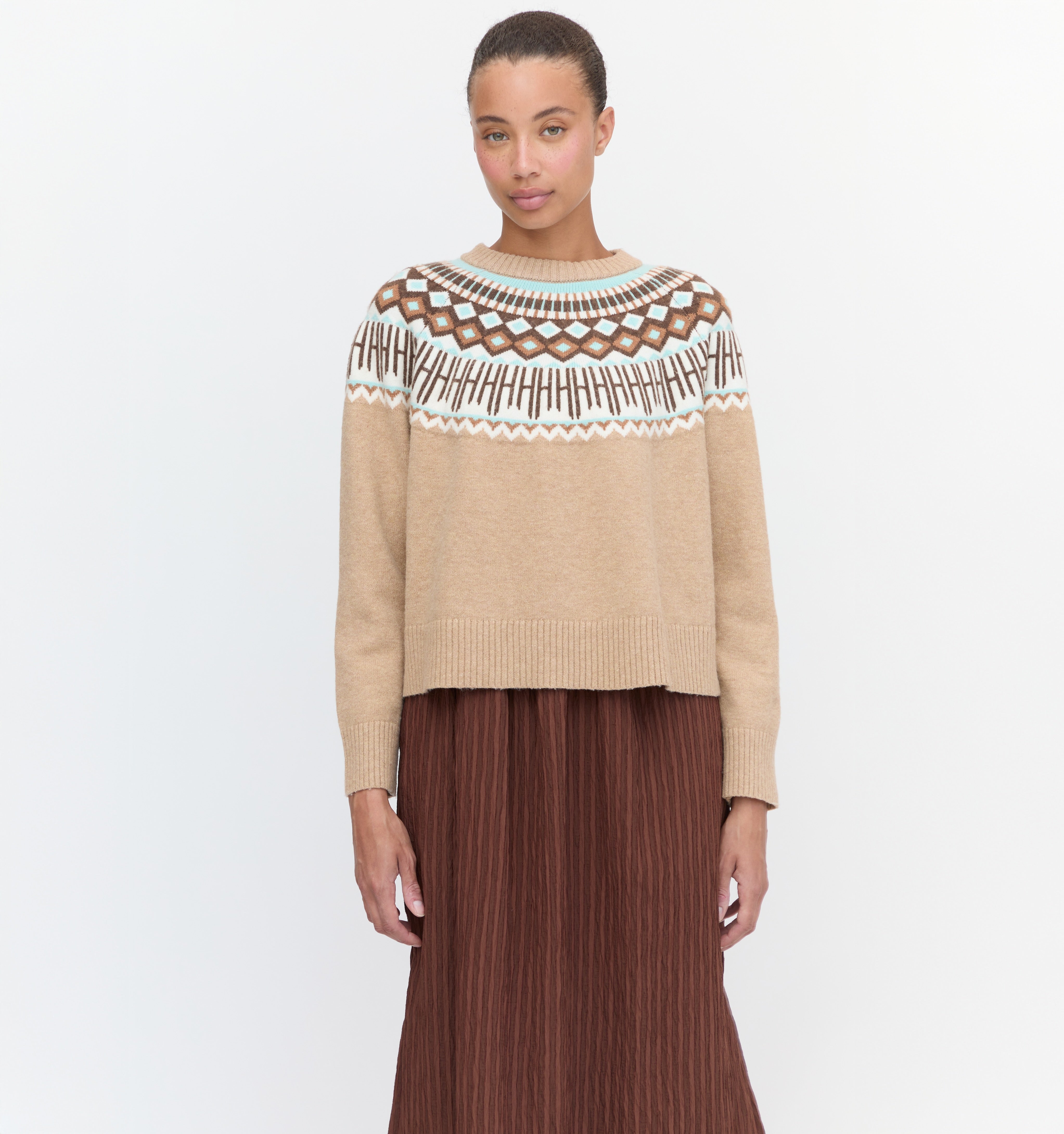 The Klaire Sweater in Camel Fair Isle color: Camel Fair Isle