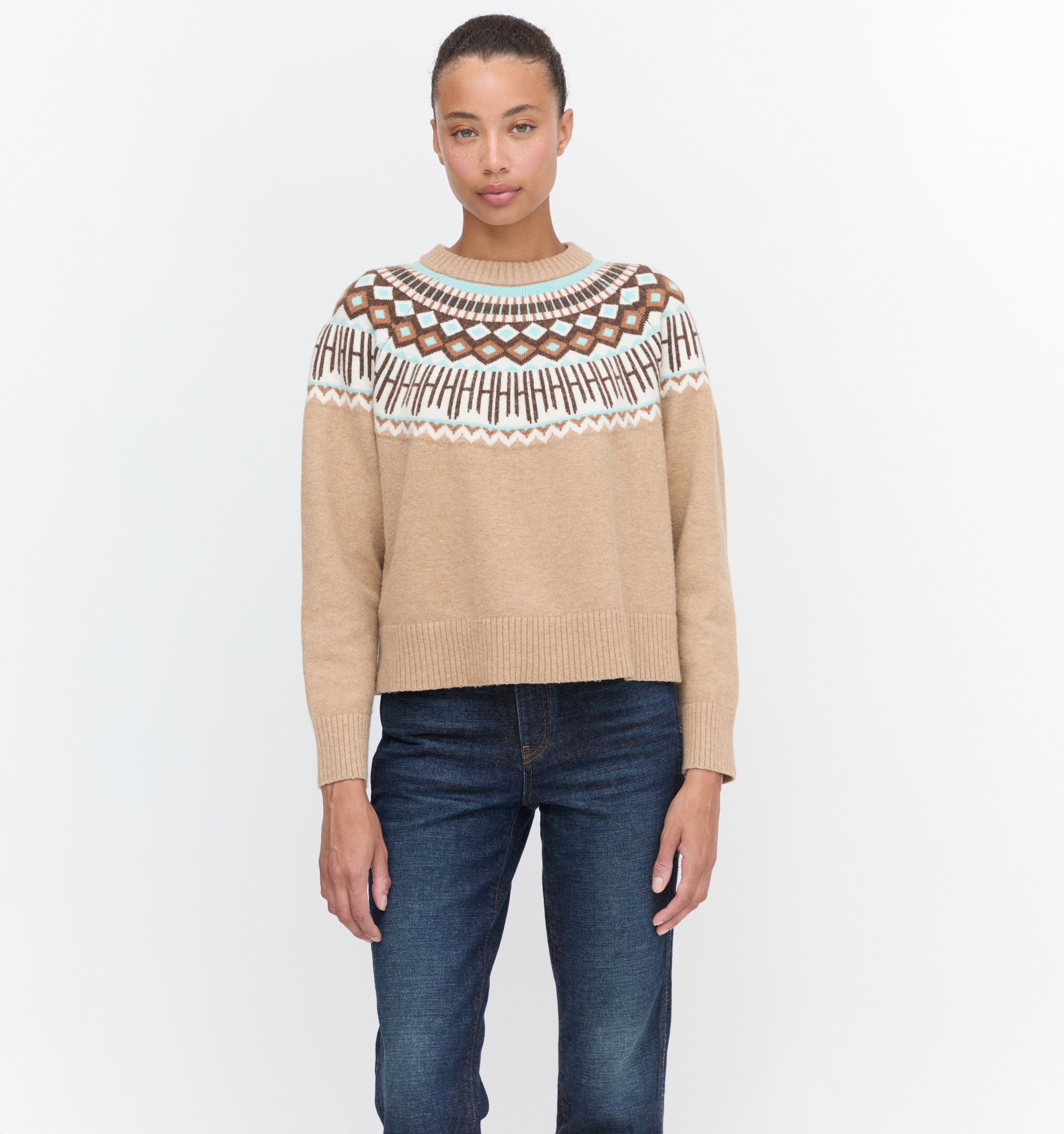 The Klaire Sweater in Camel Fair Isle color: Camel Fair Isle