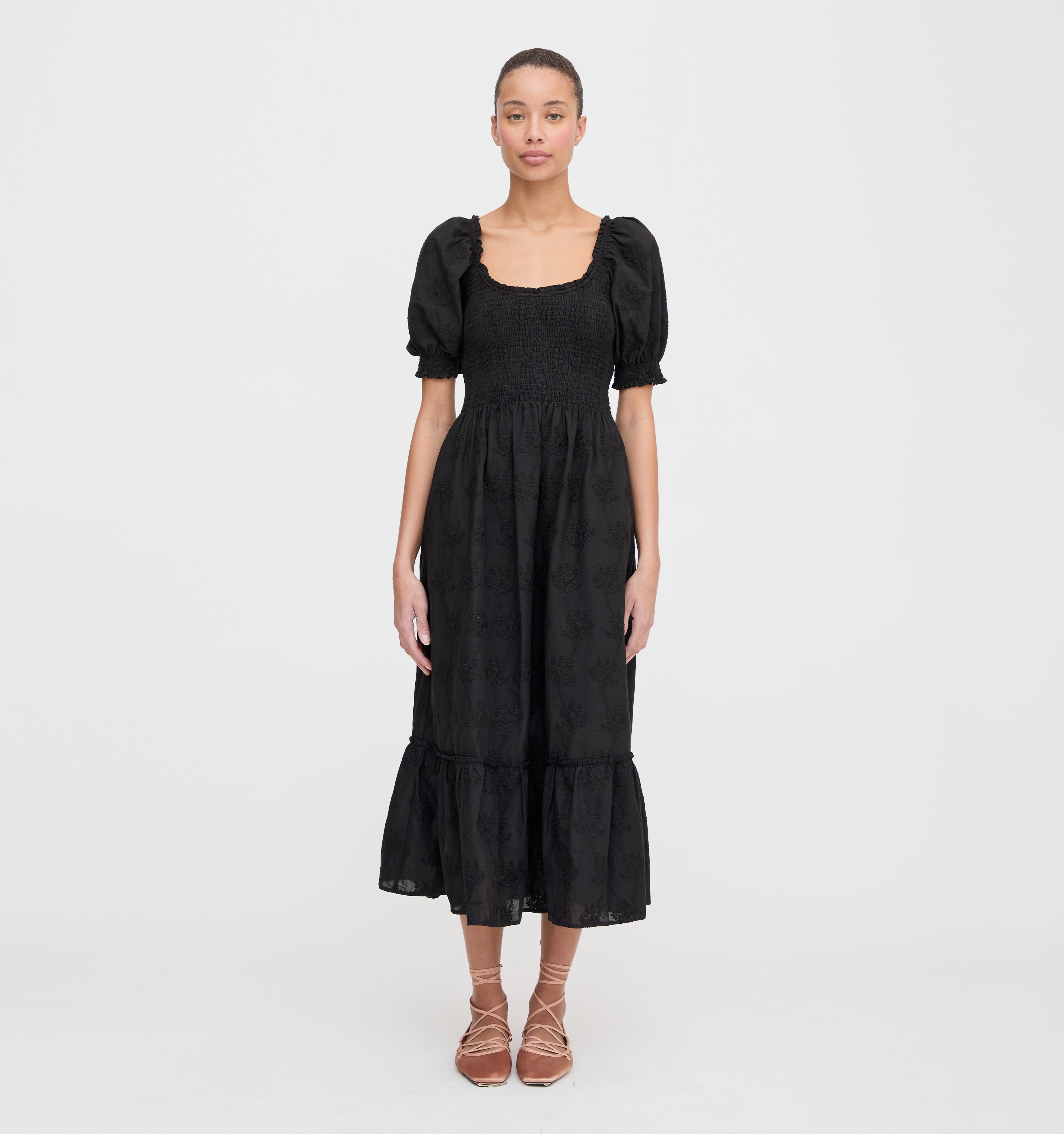 The Louisa Nap Dress - Black Embroidered Bouquet