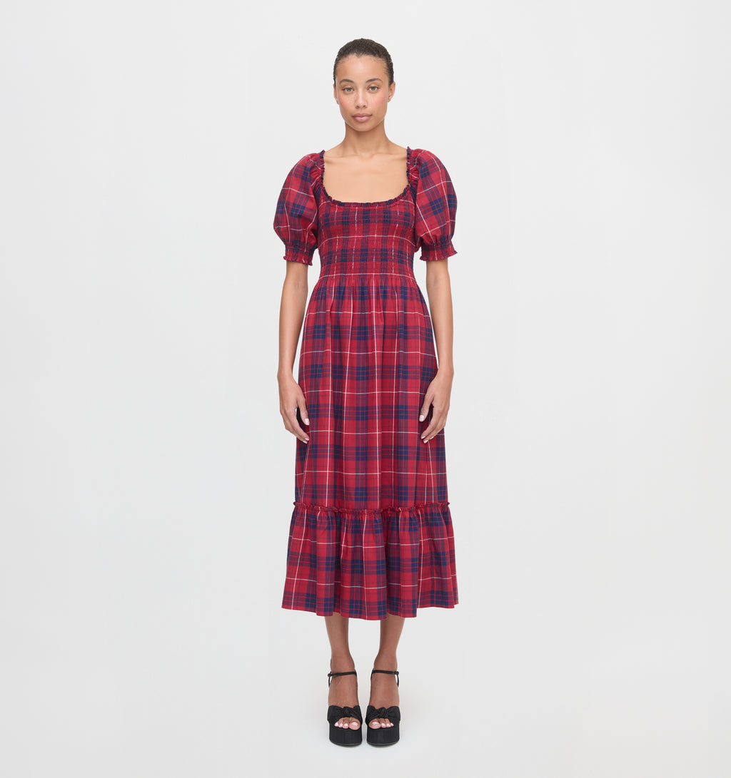 tartan bridesmaid dresses Square Neck Alba Tartan Satin Midi Dress in Cabernet Midnight Tartan (Red)