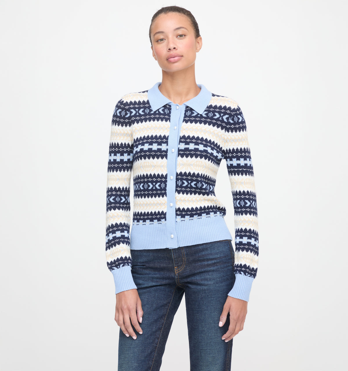 The Mairead Cardigan in Blue Multi Fair Isle color: Blue Multi
