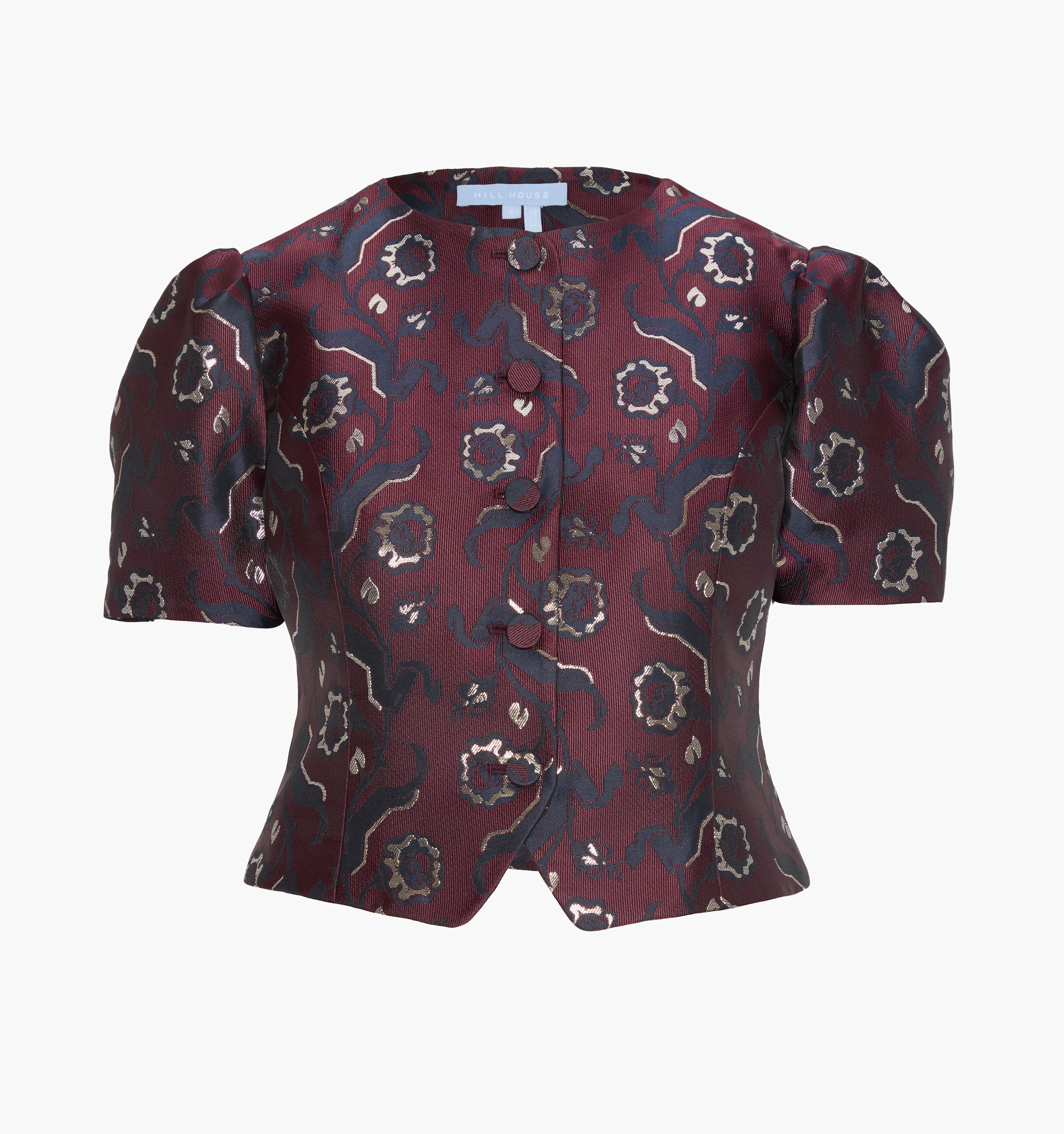 The Mallorie Top in Burgundy Baroque Jacquard color: Burgundy Baroque Jacquard