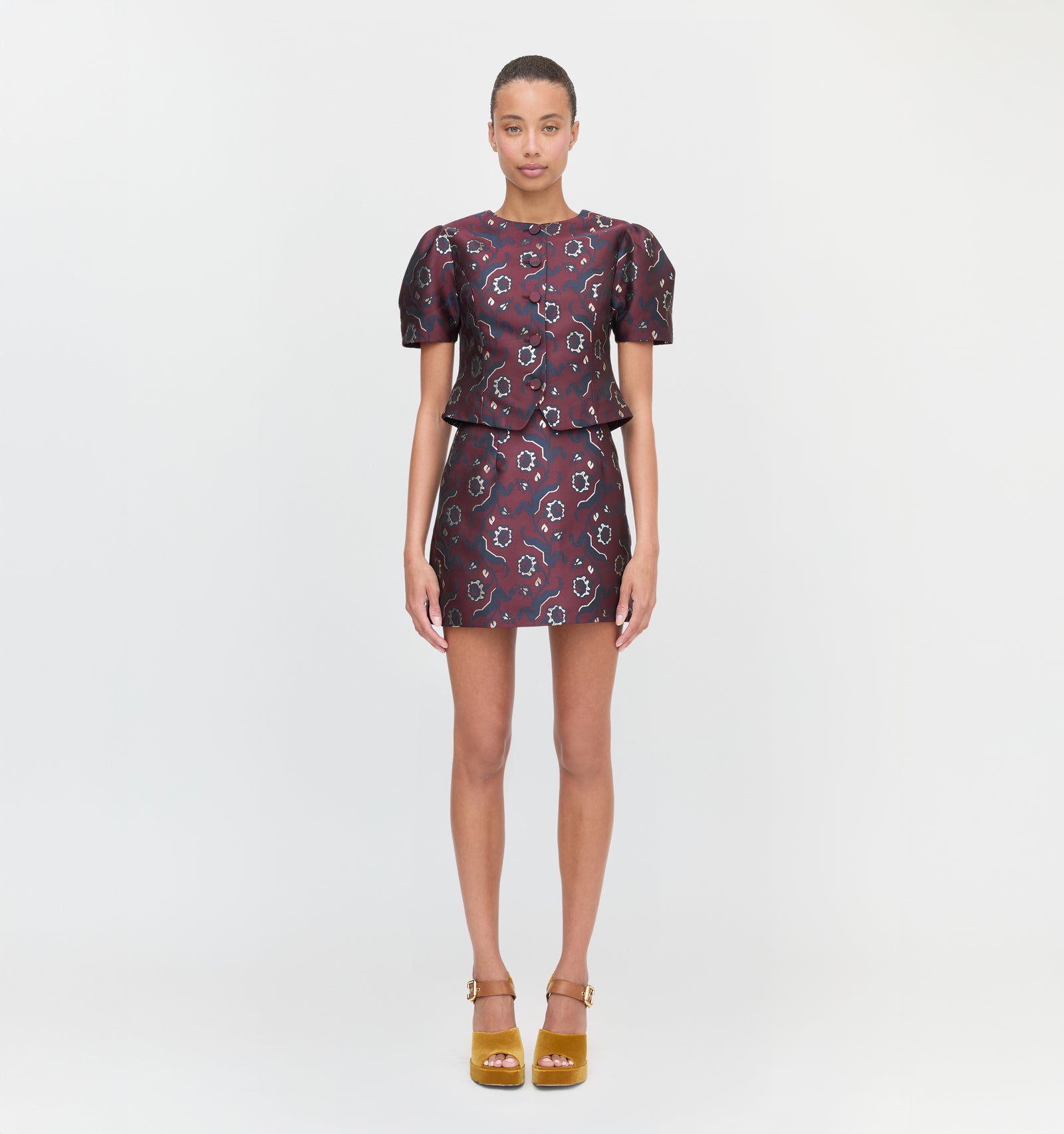 The Mallorie Top and The Hallie Skirt in Burgundy Baroque Jacquard