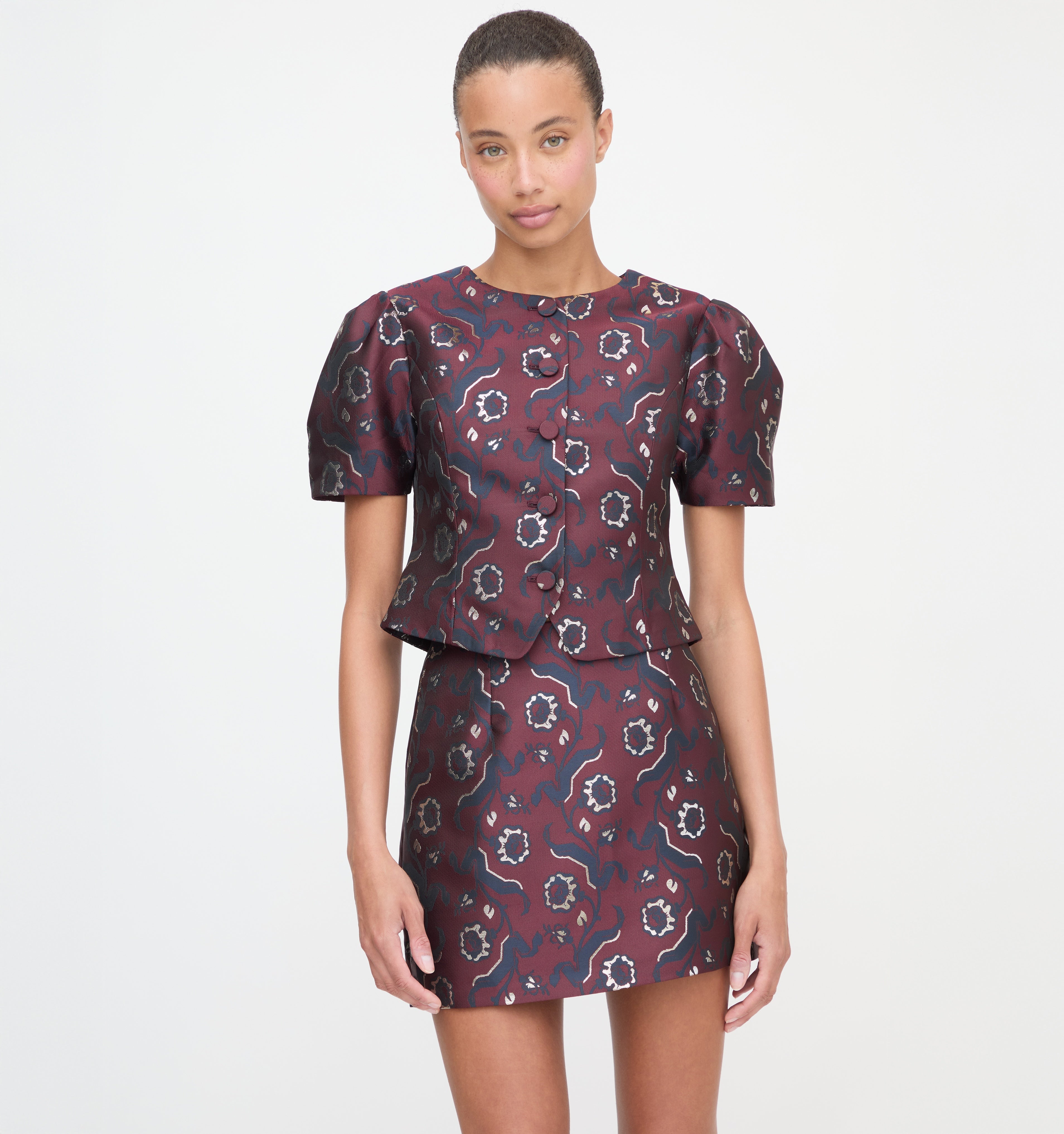 The Mallorie Top and The Hallie Skirt in Burgundy Baroque Jacquard color: Burgundy Baroque Jacquard