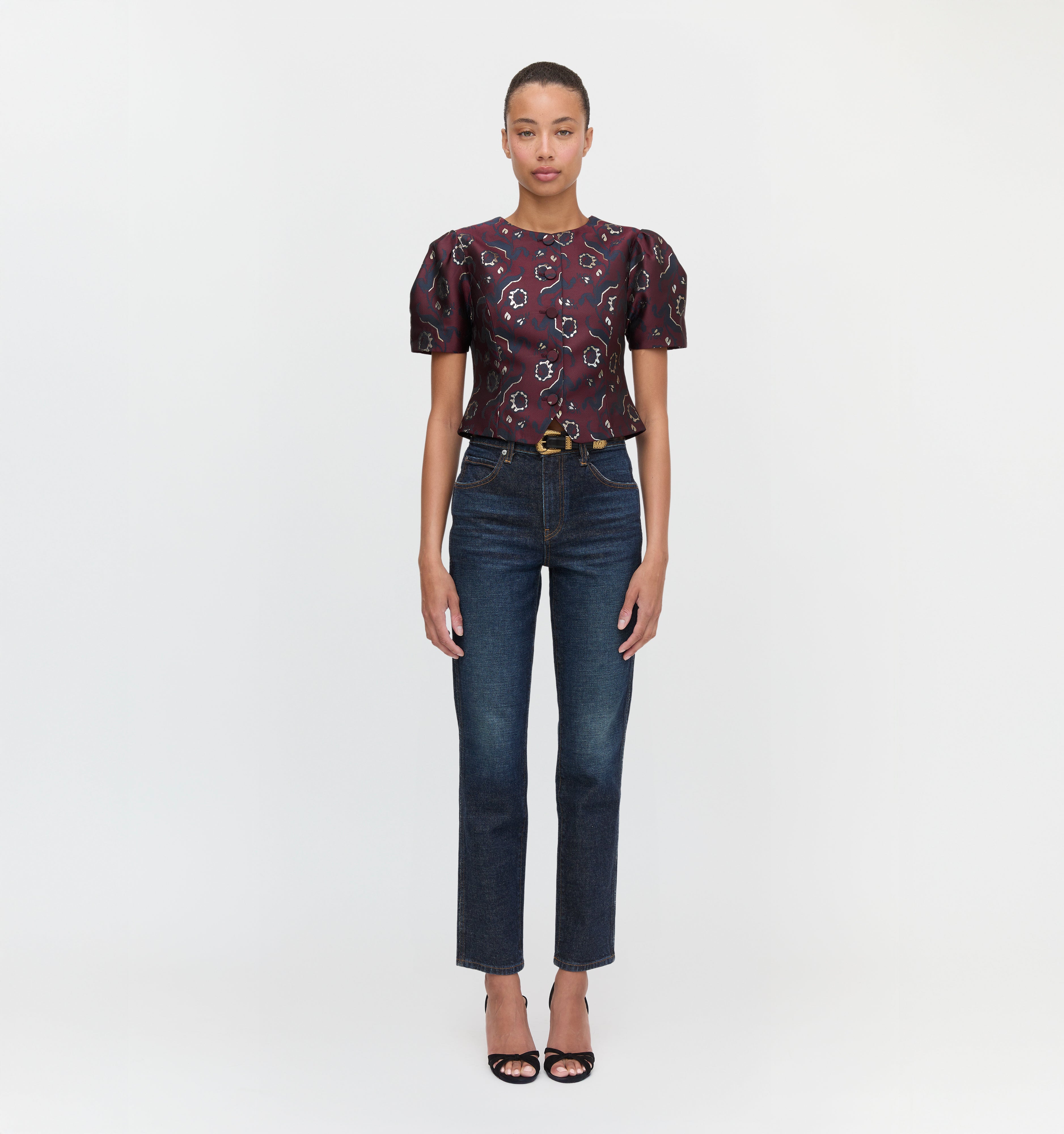 The Mallorie Top in Burgundy Baroque Jacquard color: Burgundy Baroque Jacquard