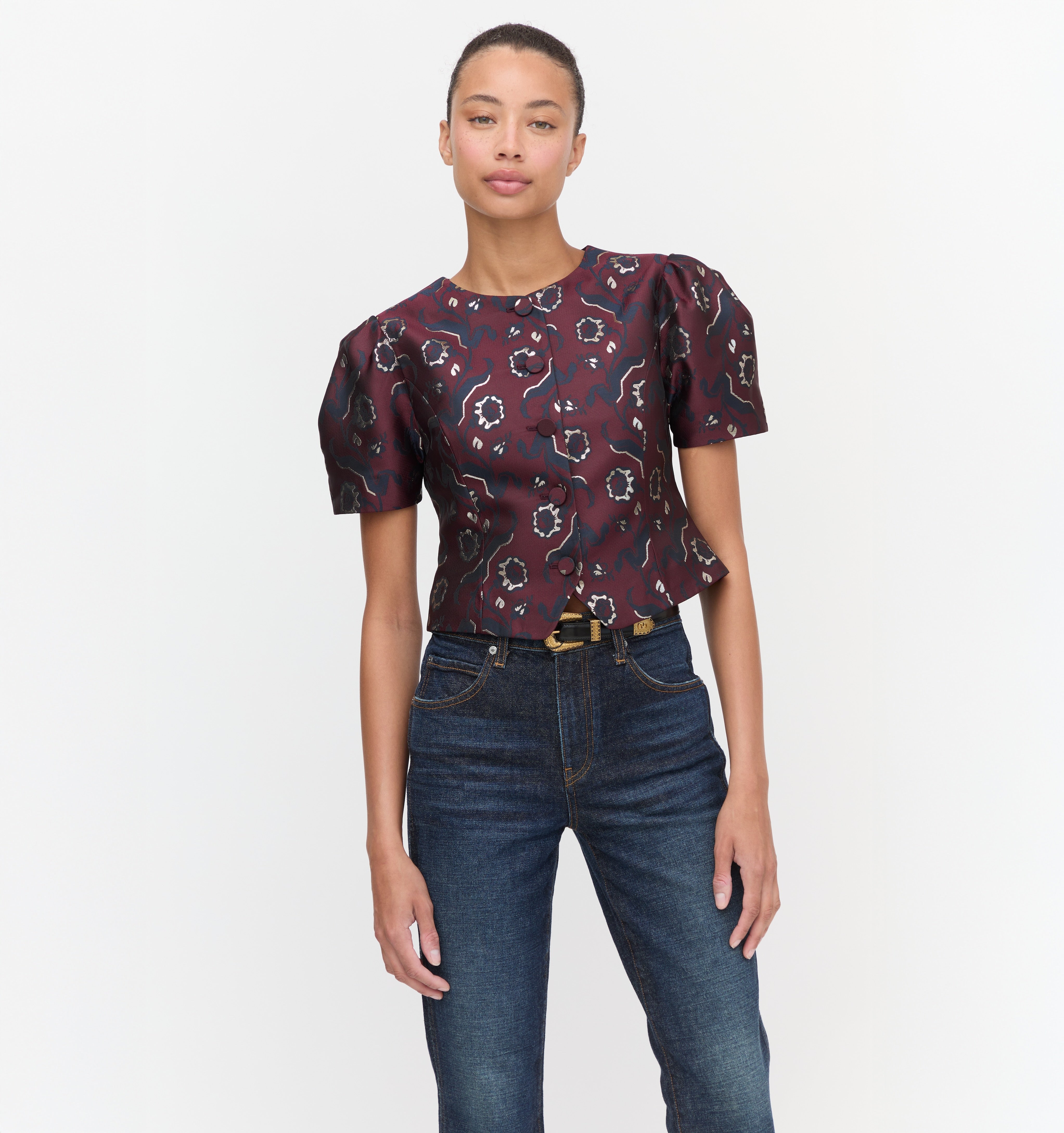 The Mallorie Top in Burgundy Baroque Jacquard color: Burgundy Baroque Jacquard
