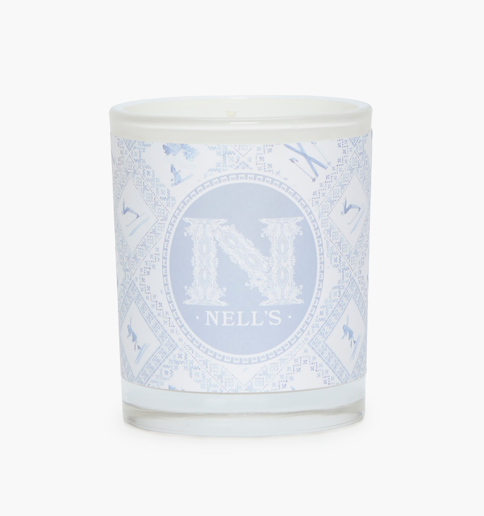 Nell's Candle in December in New York color: Blue Skiers Toile