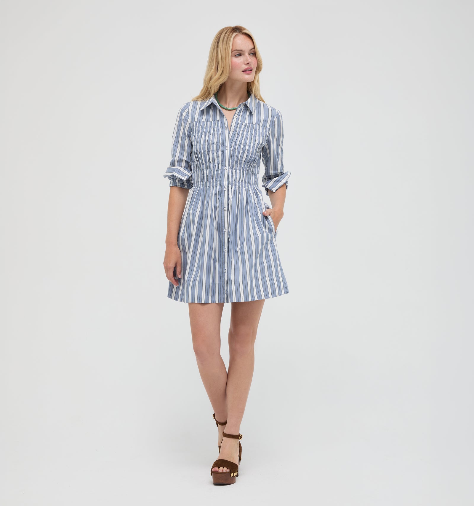 The Mira Dress -  Coln Ticking Stripe Dusty Blue