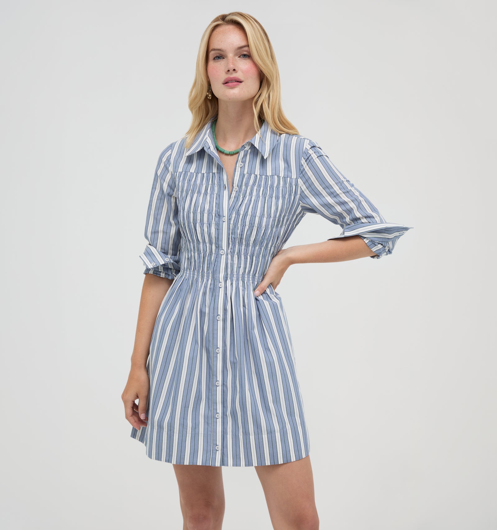 The Mira Dress -  Coln Ticking Stripe Dusty Blue