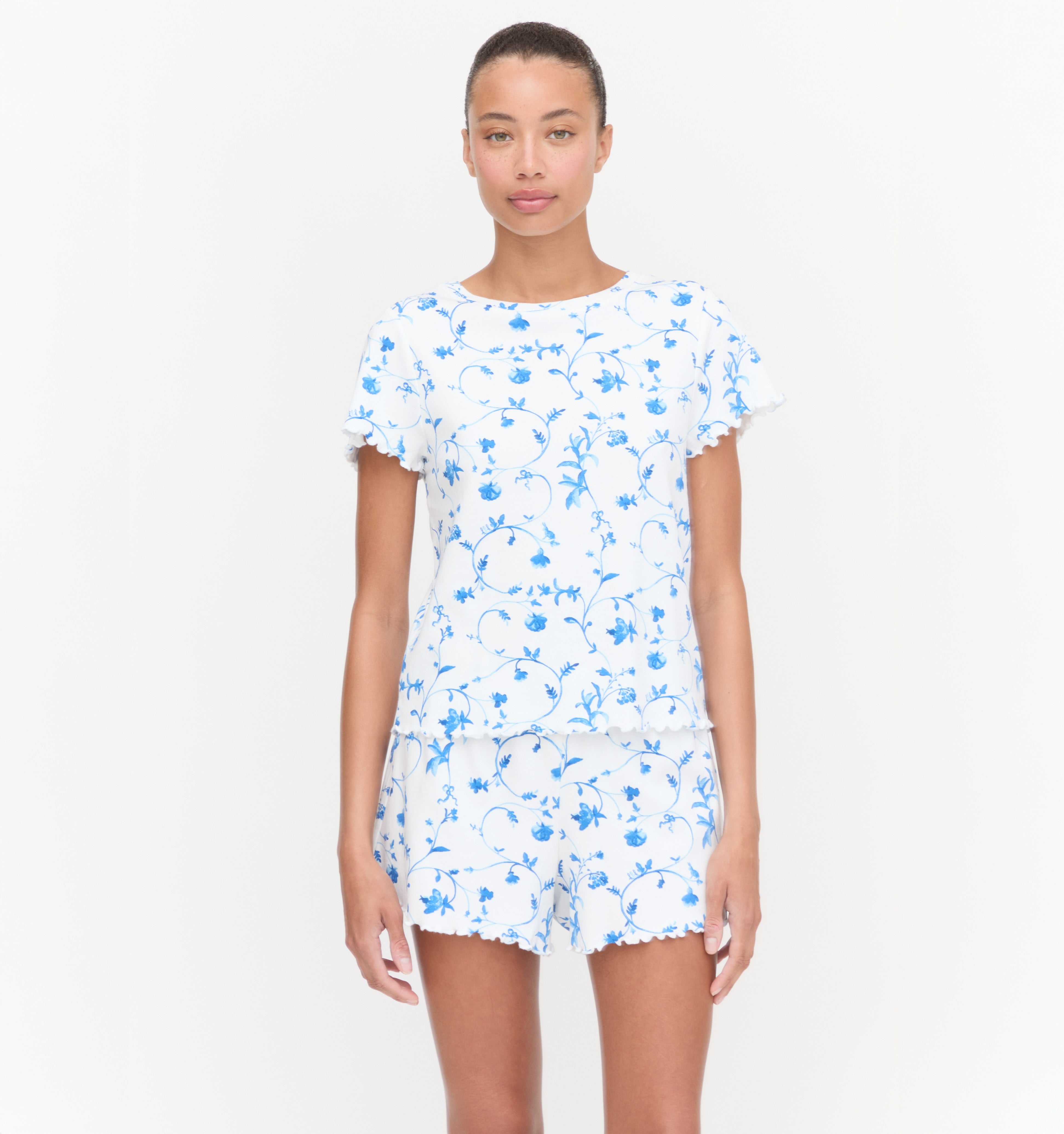 The Nina Pajama Set in Blue Botanical color: Blue Botanical