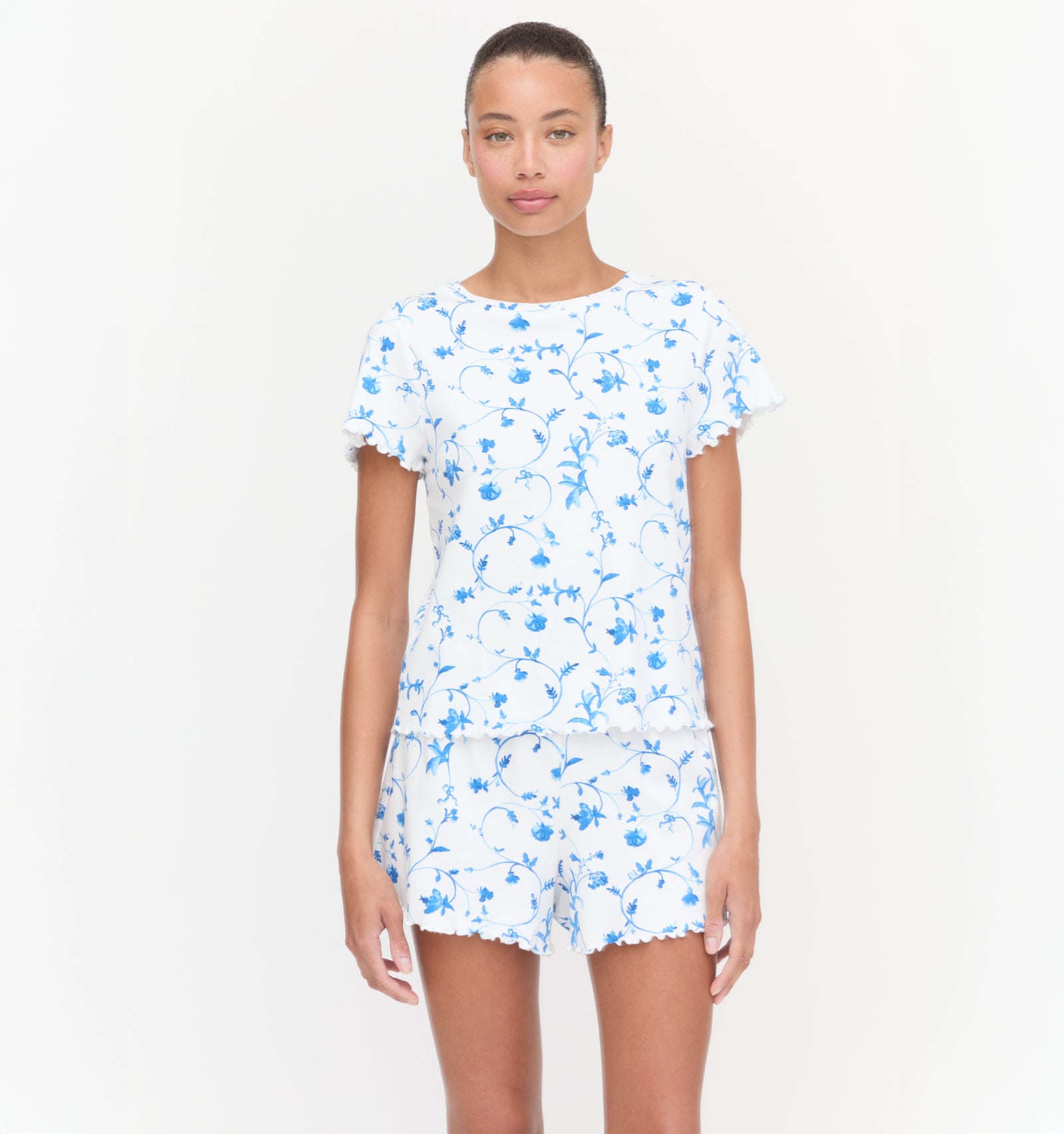 The Nina Short Pajama Set | Blue Botanical / XL | 100% Cotton