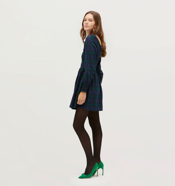 Jasmine is 5' 9" and wears a size XS in the Blackwatch Tartan color: Blackwatch Tartan