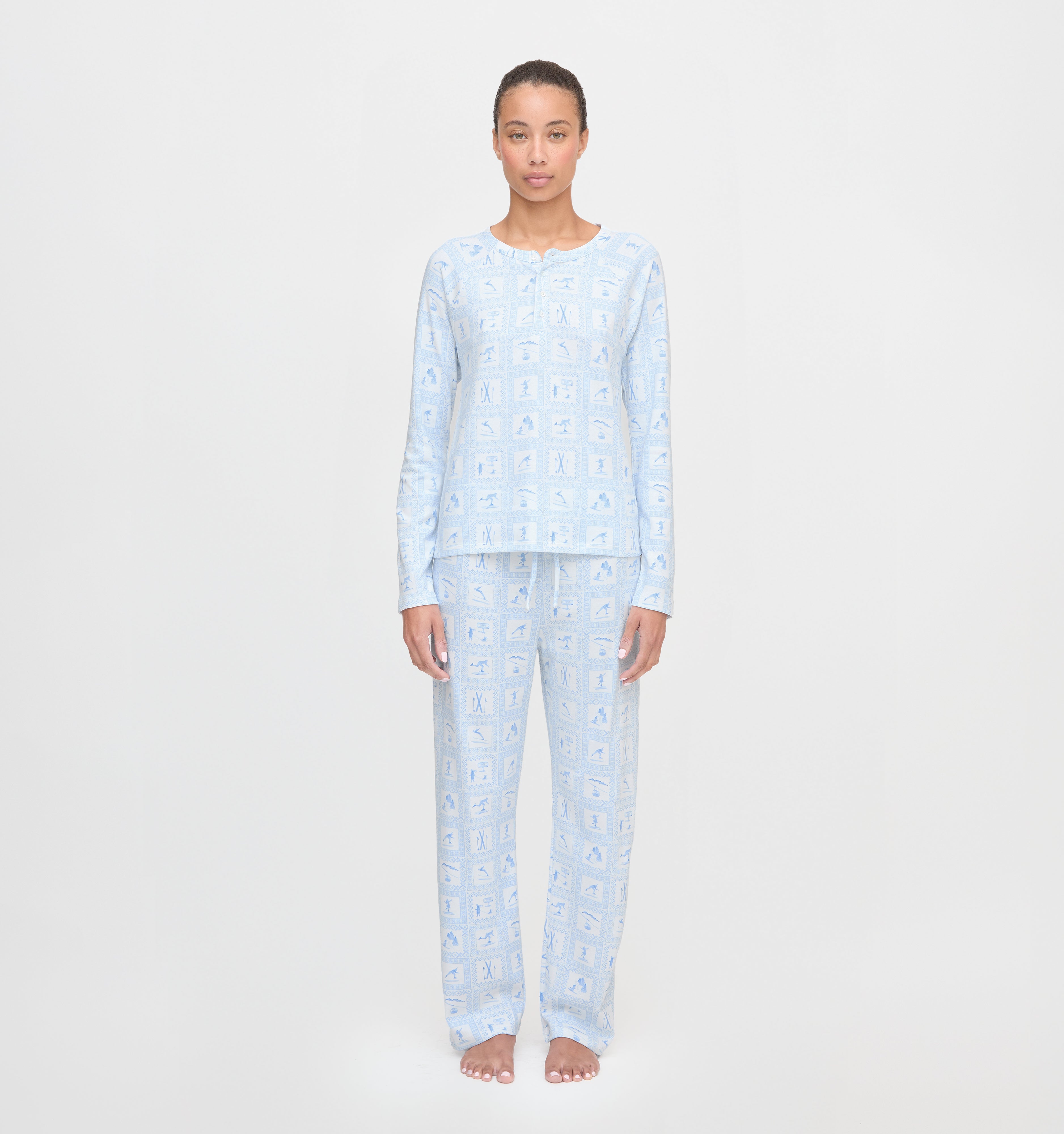 The Olivia Pajama Set - Blue Skiers Toile