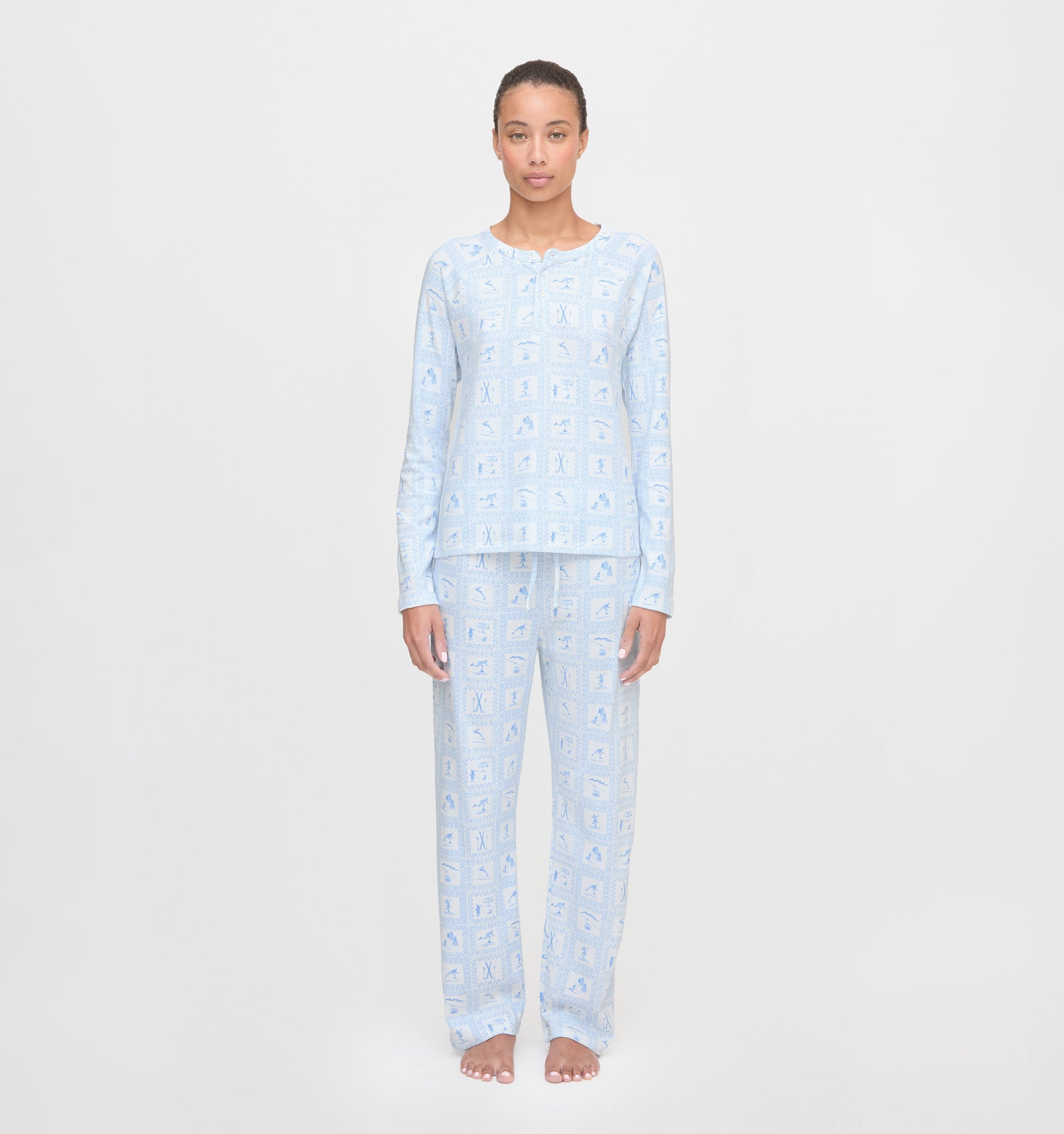 The Olivia Pajama Set in Blue Skiers Toile color: Blue Skiers Toile