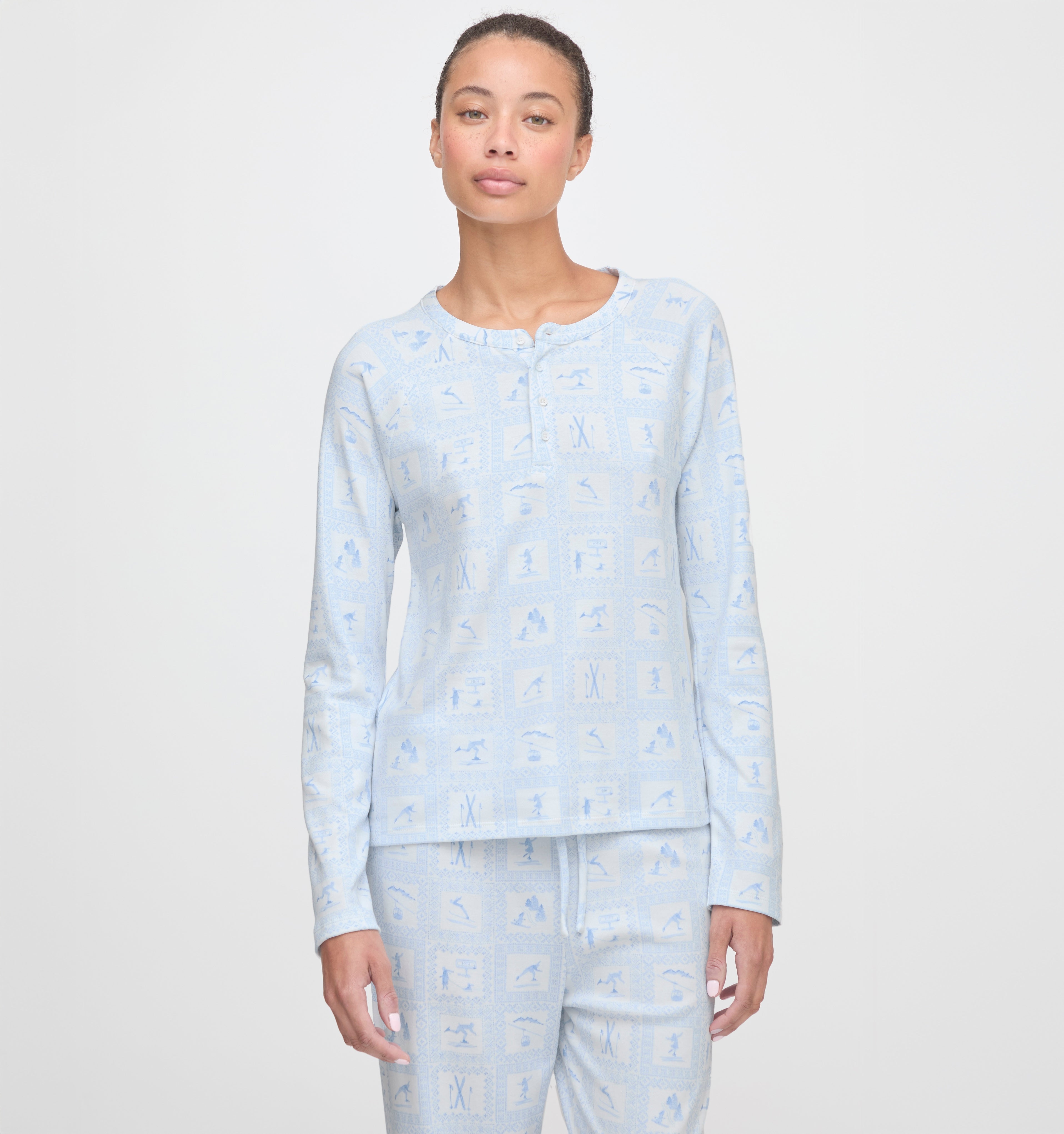 The Olivia Pajama Set - Blue Skiers Toile