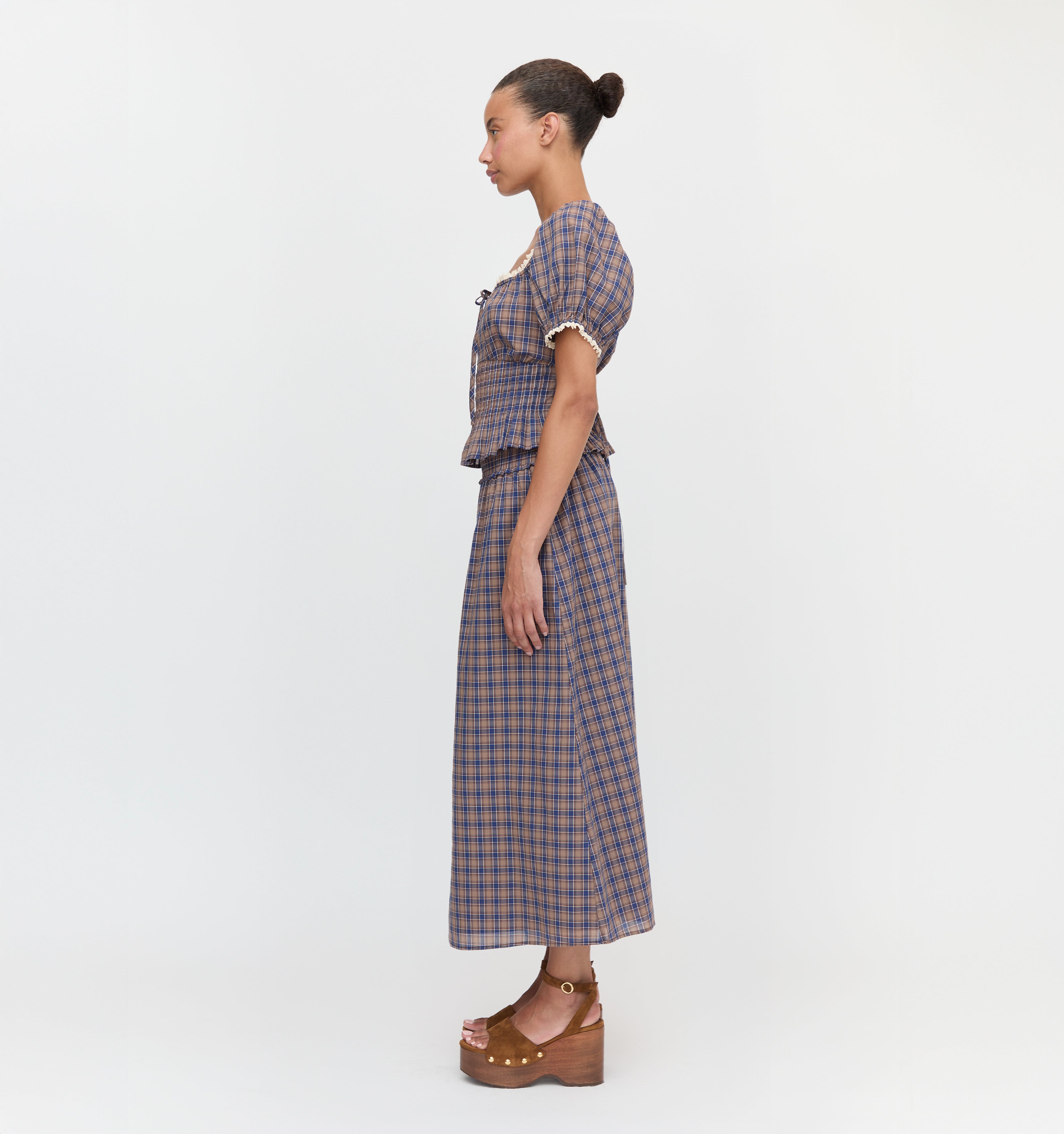 The Paulina Top and The Delphine Nap Skirt in Brown Spencer Plaid color: Brown Spencer Plaid 