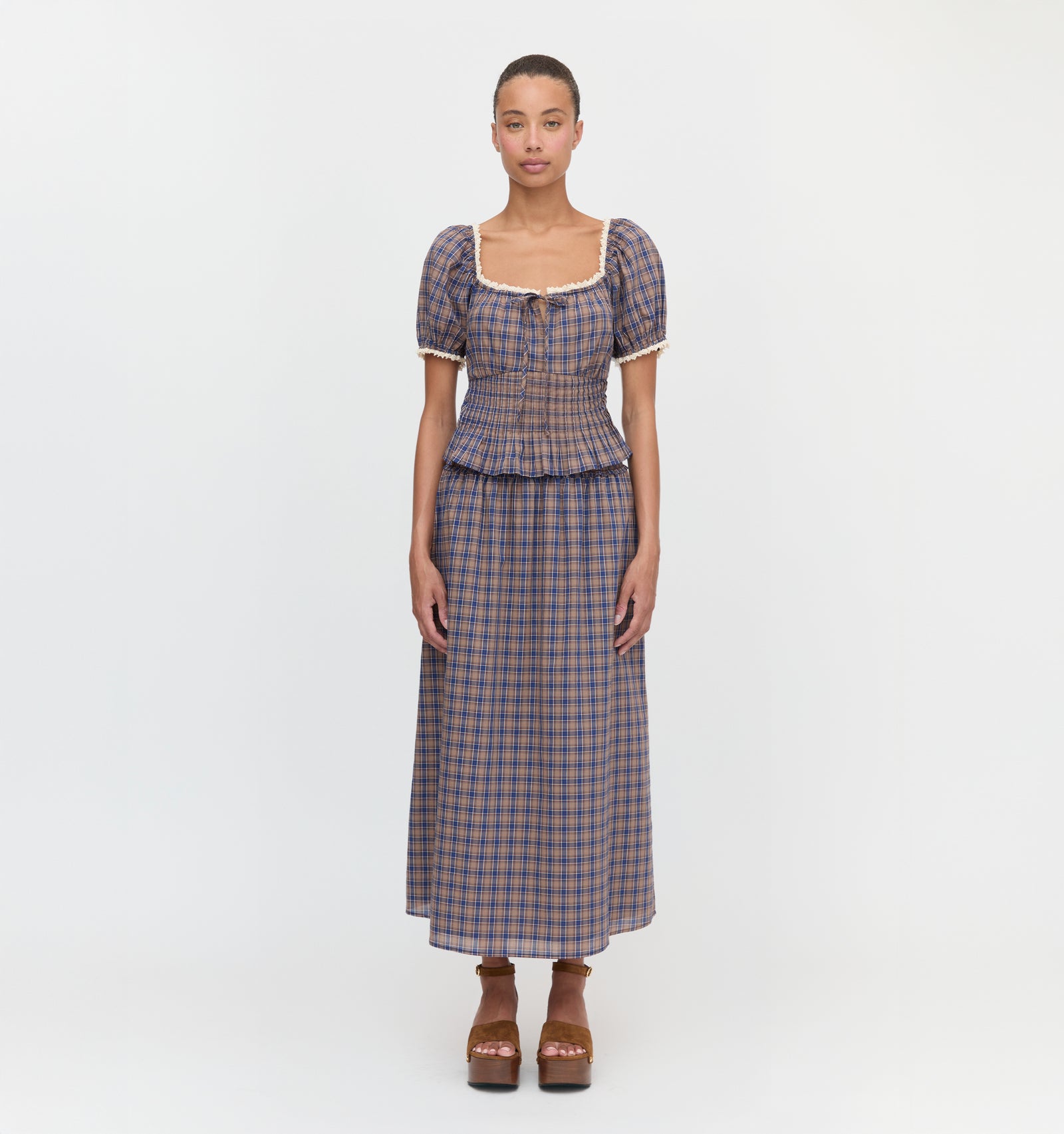 The Paulina Top and The Delphine Nap Skirt in Brown Spencer Plaid color: Brown Spencer Plaid 