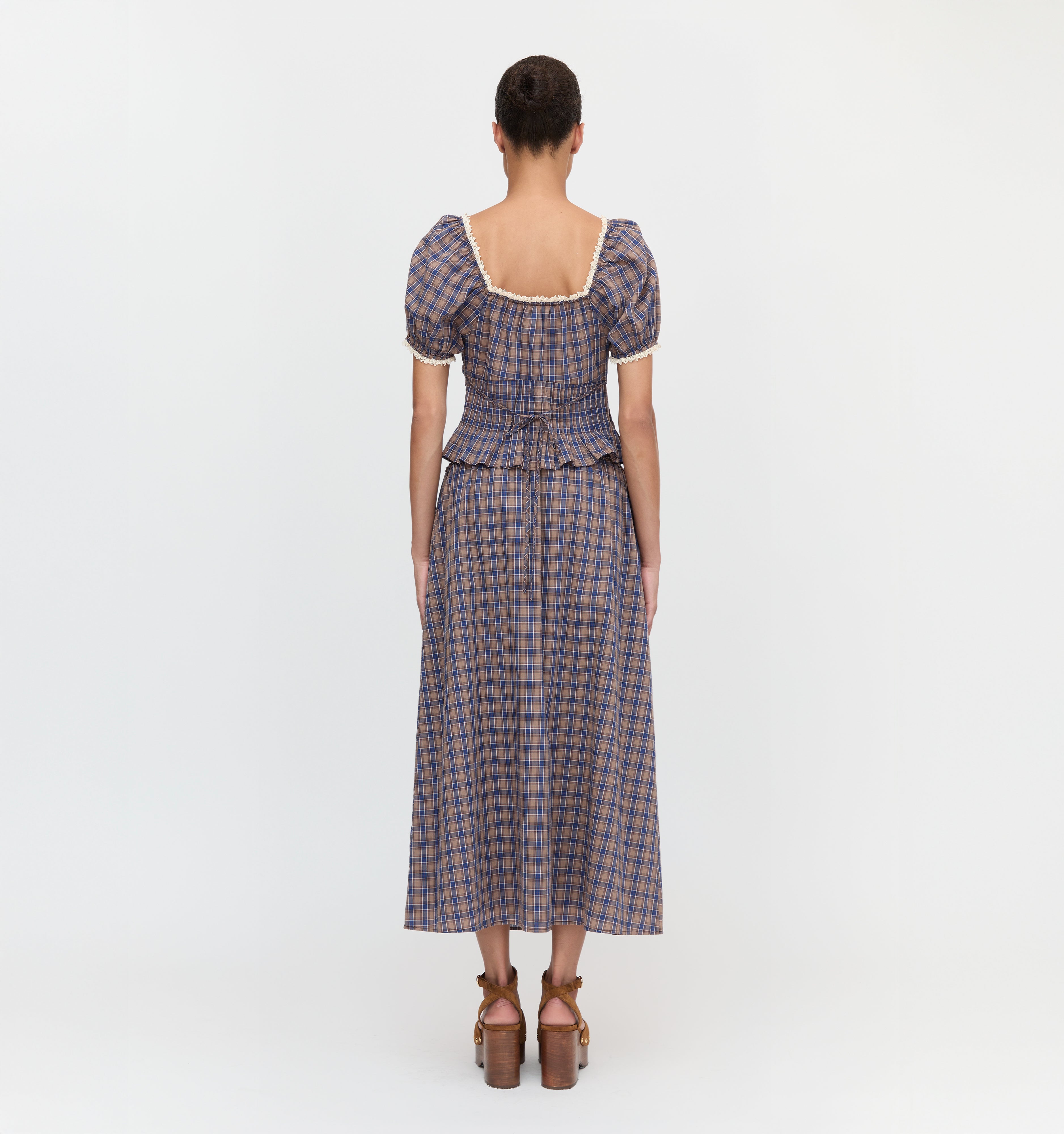 The Paulina Top and The Delphine Nap Skirt in Brown Spencer Plaid color: Brown Spencer Plaid 