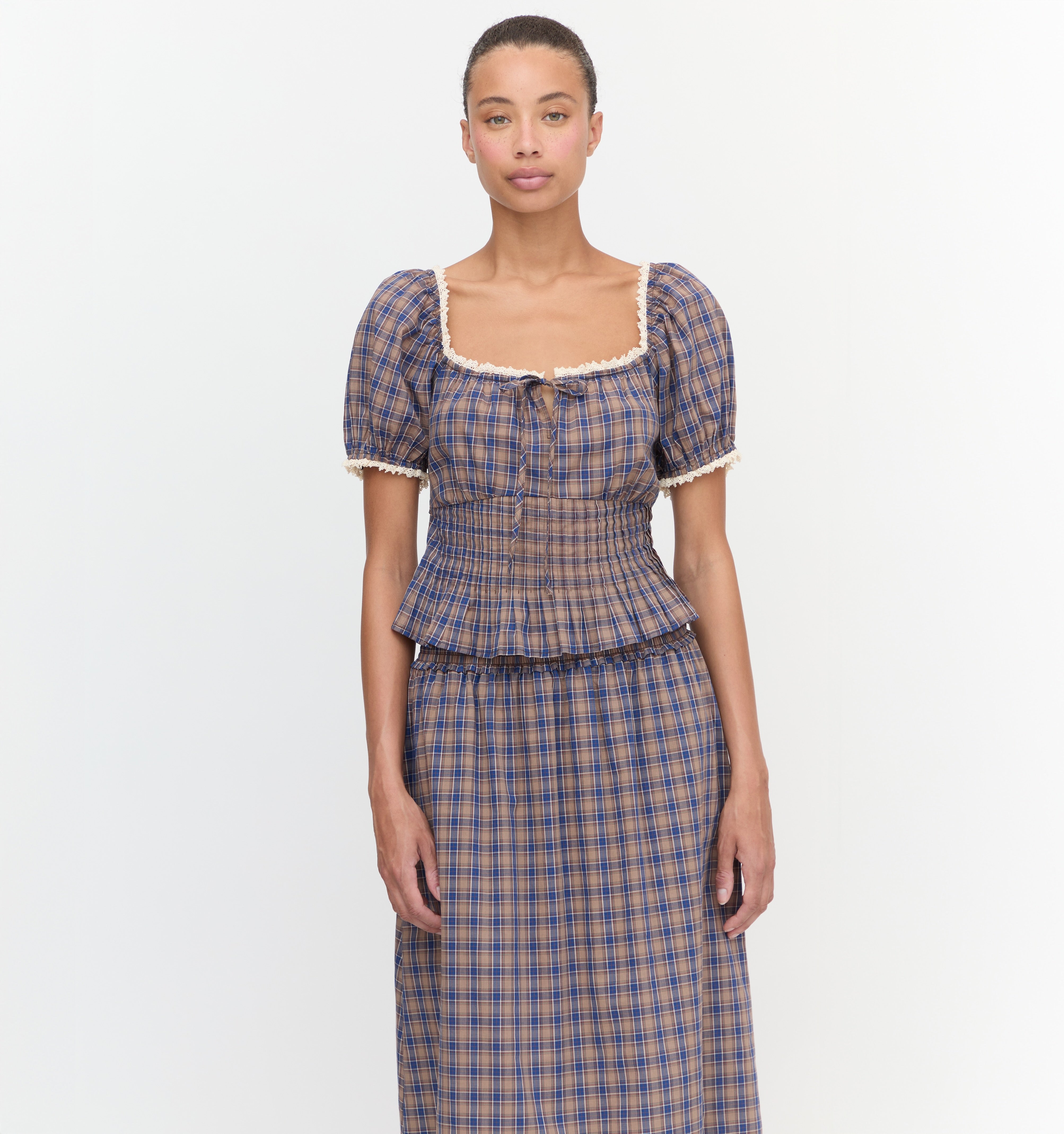 The Delphine Nap Skirt in Brown Spencer Plaid color: Brown Spencer Plaid