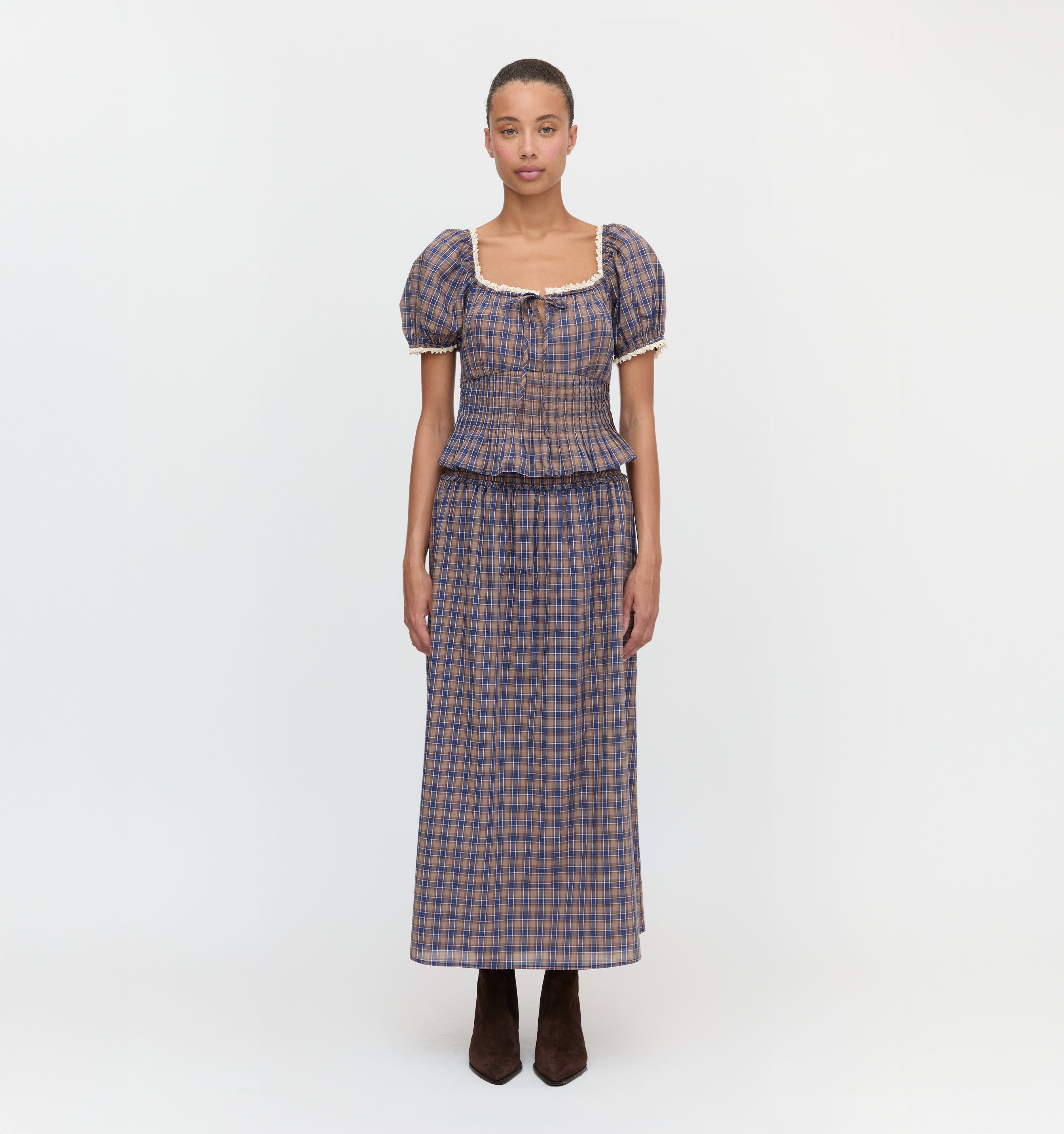 The Paulina Top and The Delphine Nap Skirt in Brown Spencer Plaid color: Brown Spencer Plaid 