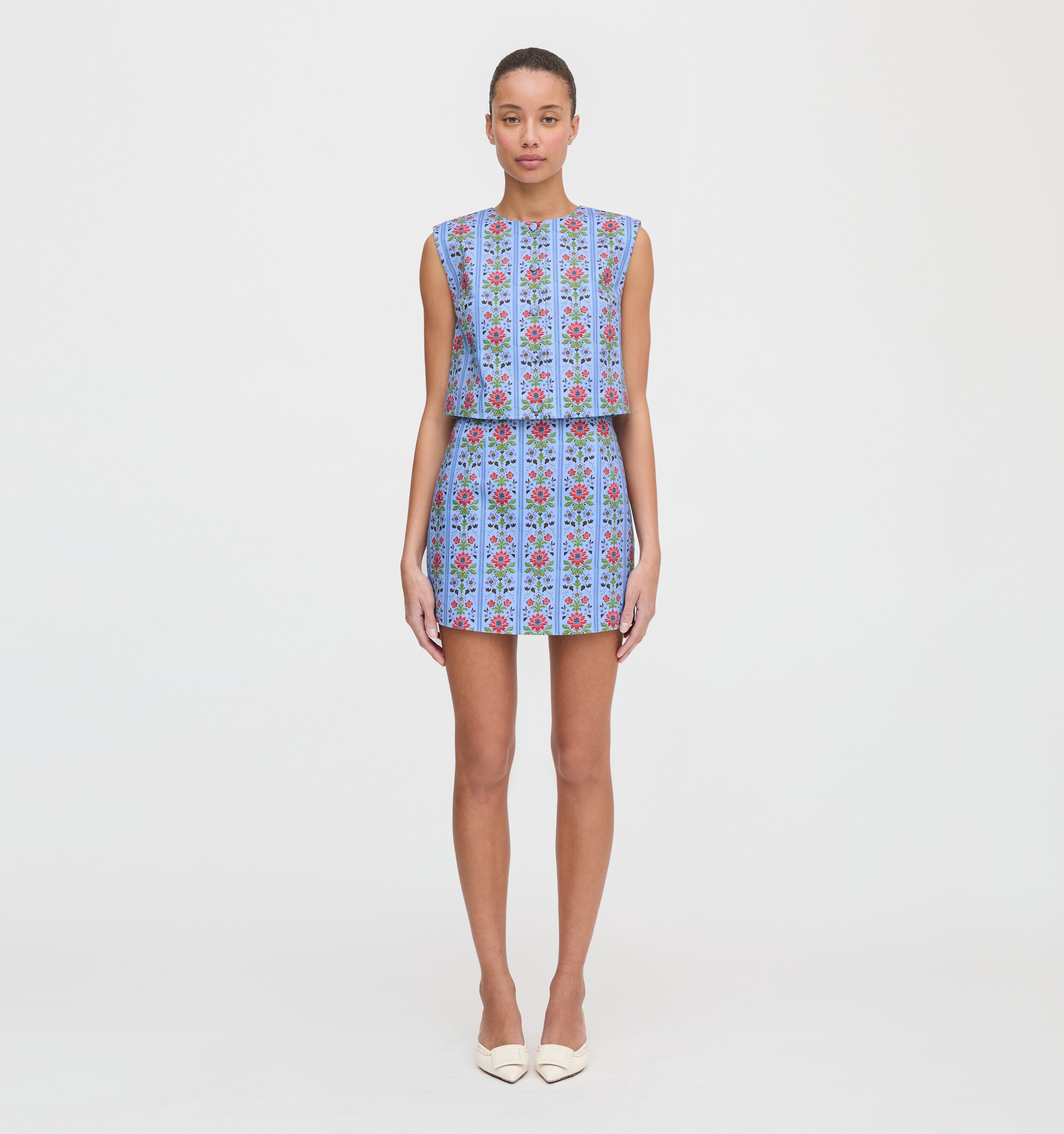 The Hallie Skirt - Blue Floral Block Stripe