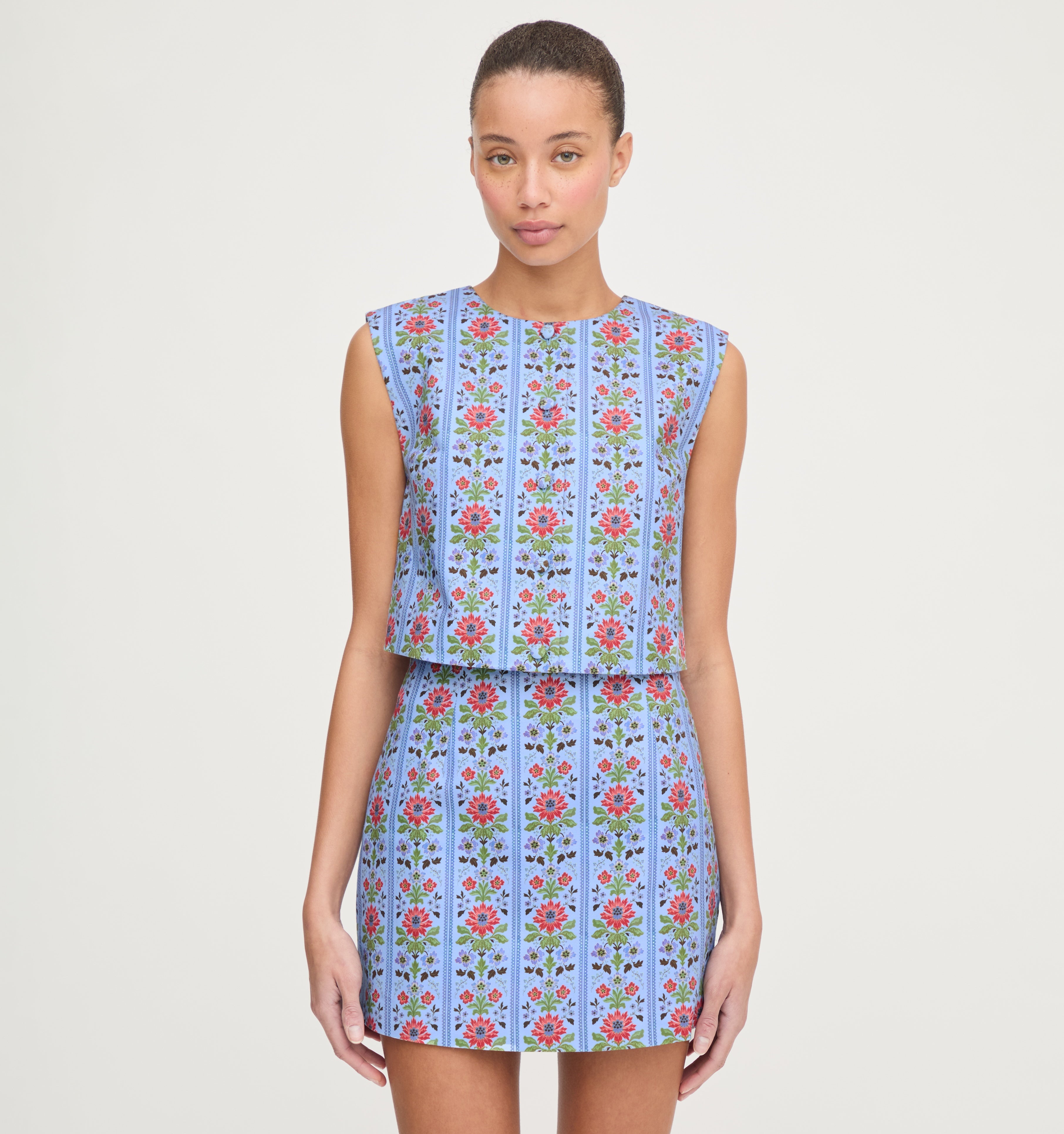 The Rosalie Top - Blue Floral Block Stripe