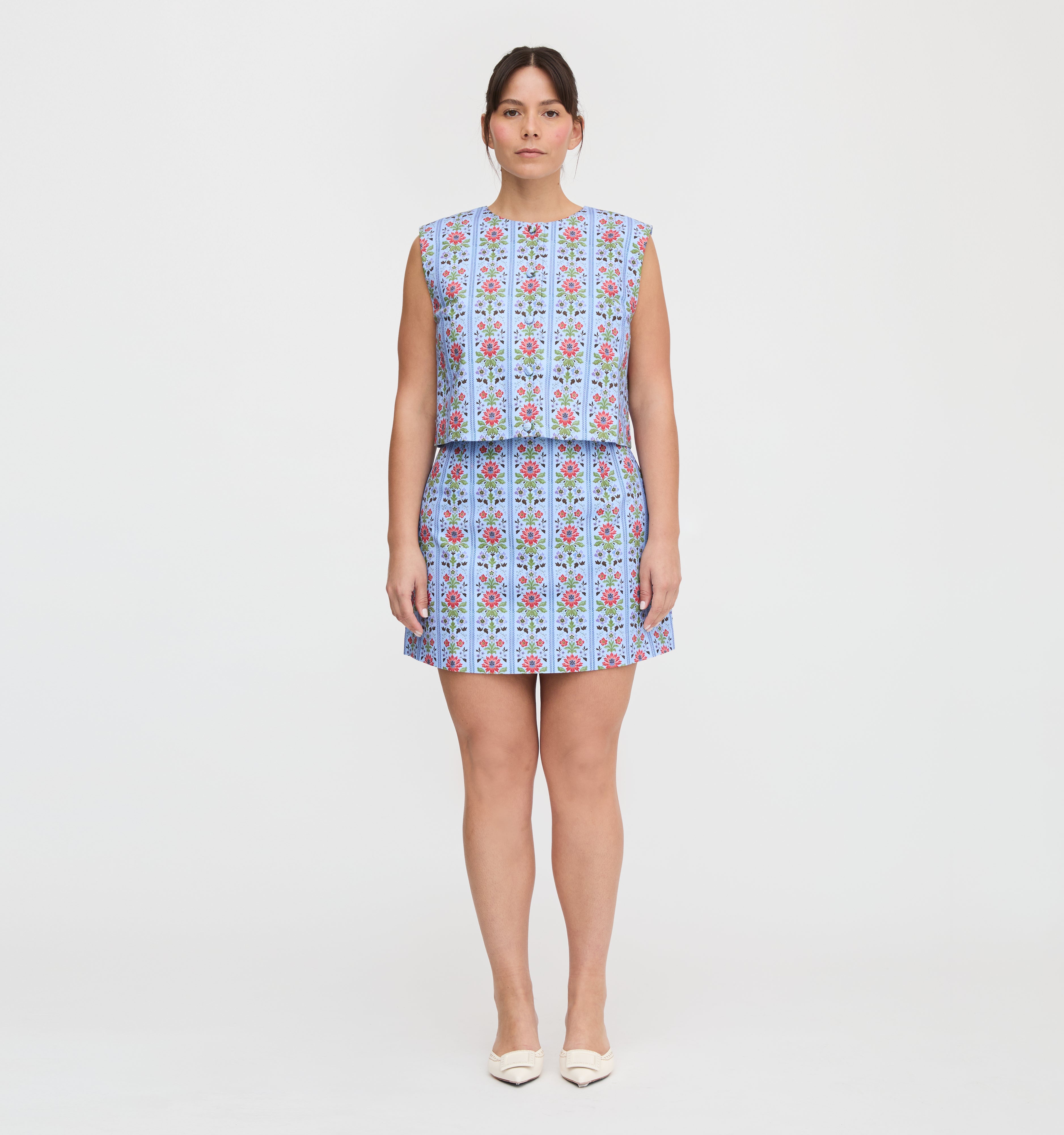 The Rosalie Top - Blue Floral Block Stripe