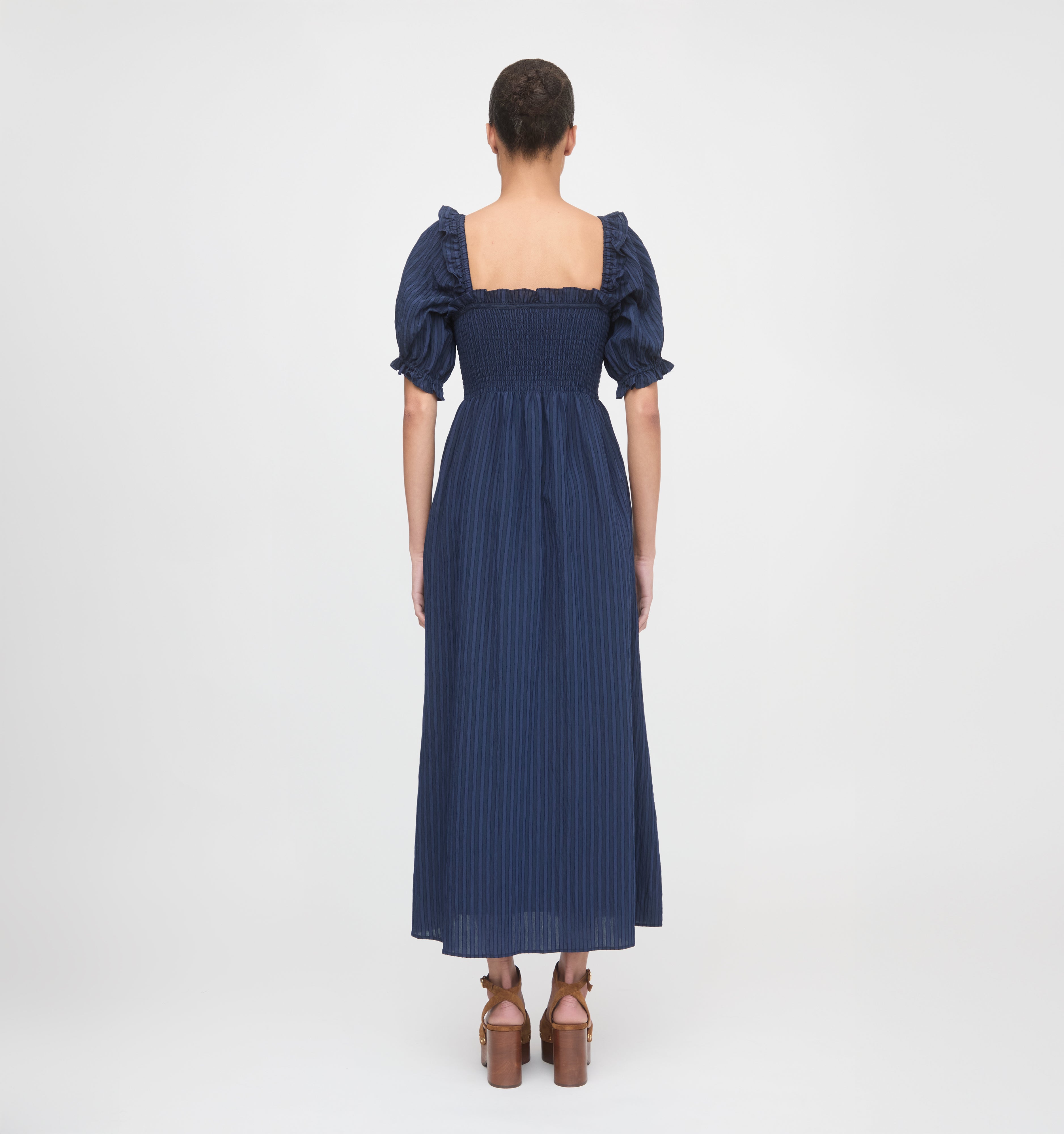 The Scarlett Midi Nap Dress - Navy Tonal Seersucker