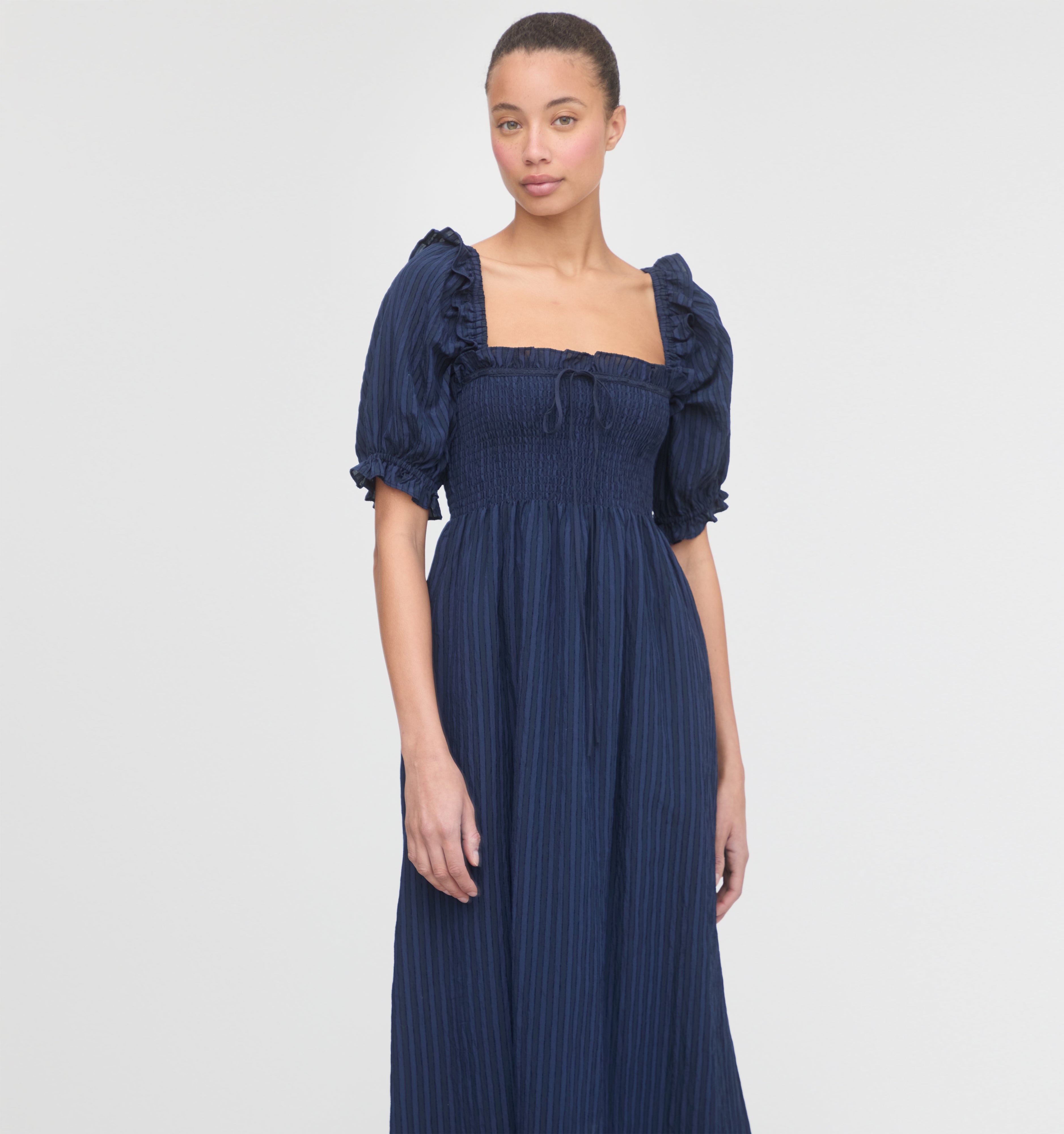 The Scarlett Midi Nap Dress - Navy Tonal Seersucker